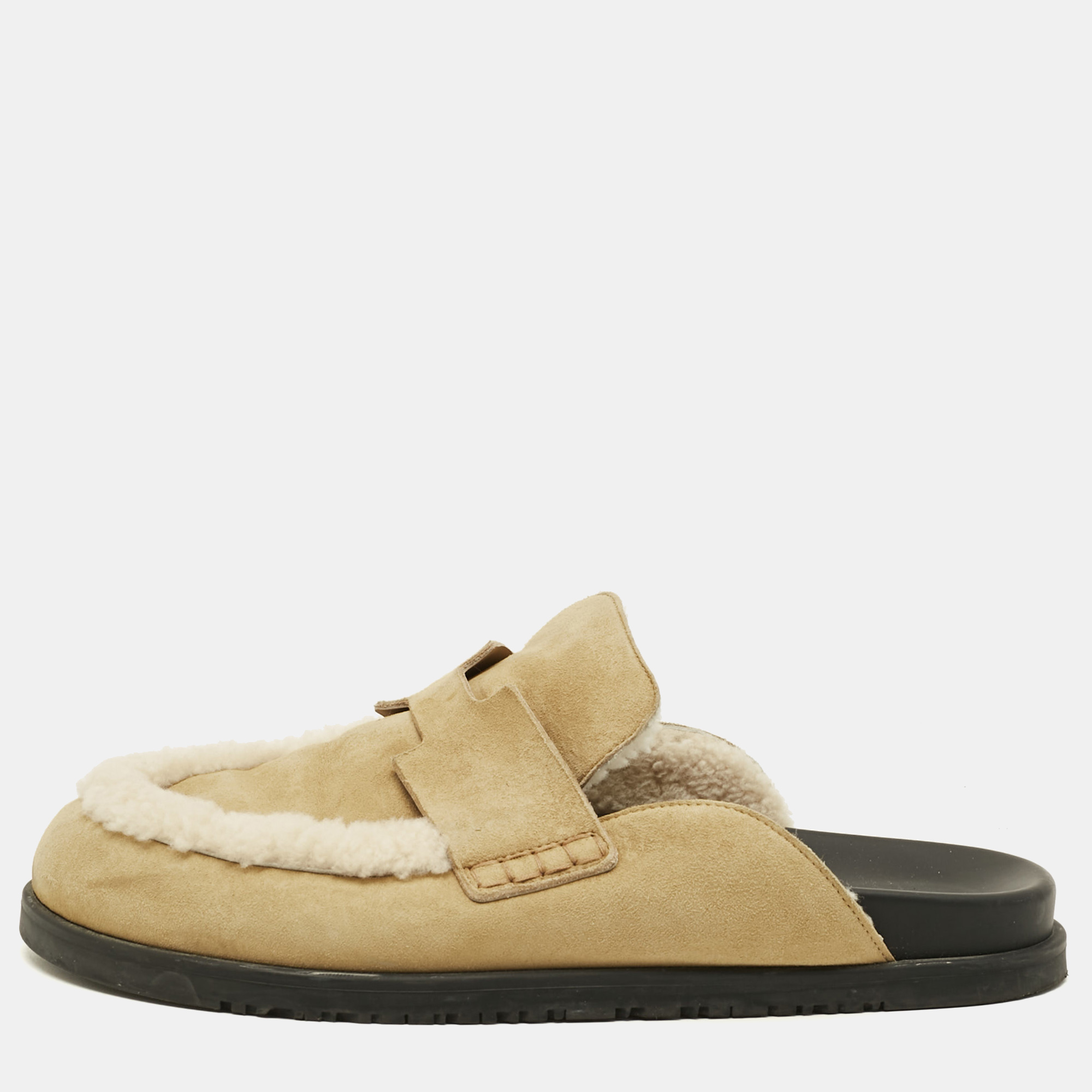 

Hermes Go Size  Brown/White Fur Suede Mules