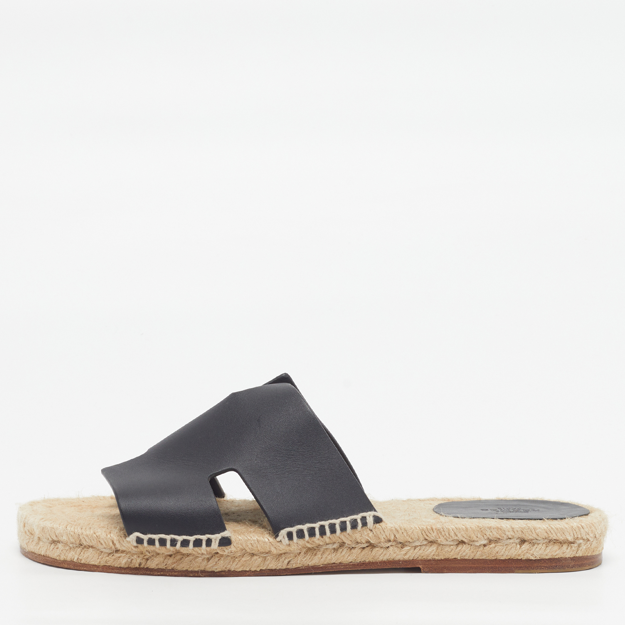 

Hermes Antigua Size  Black Leather Espadrille Flat Sandals