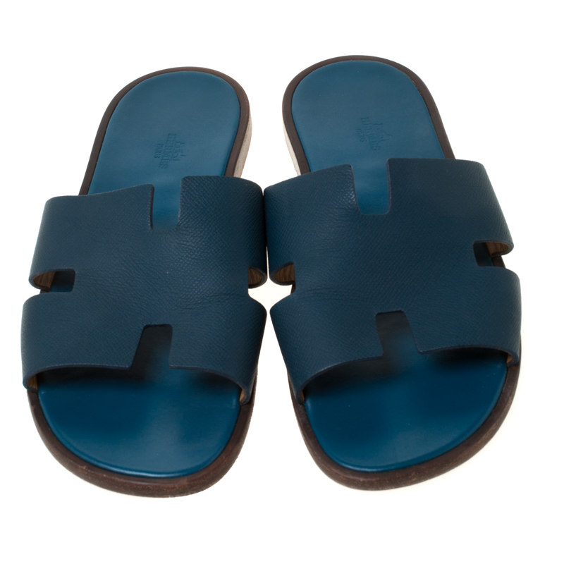 Hermes Blue Leather Izmir Slip On Slides Size 45 Hermes 