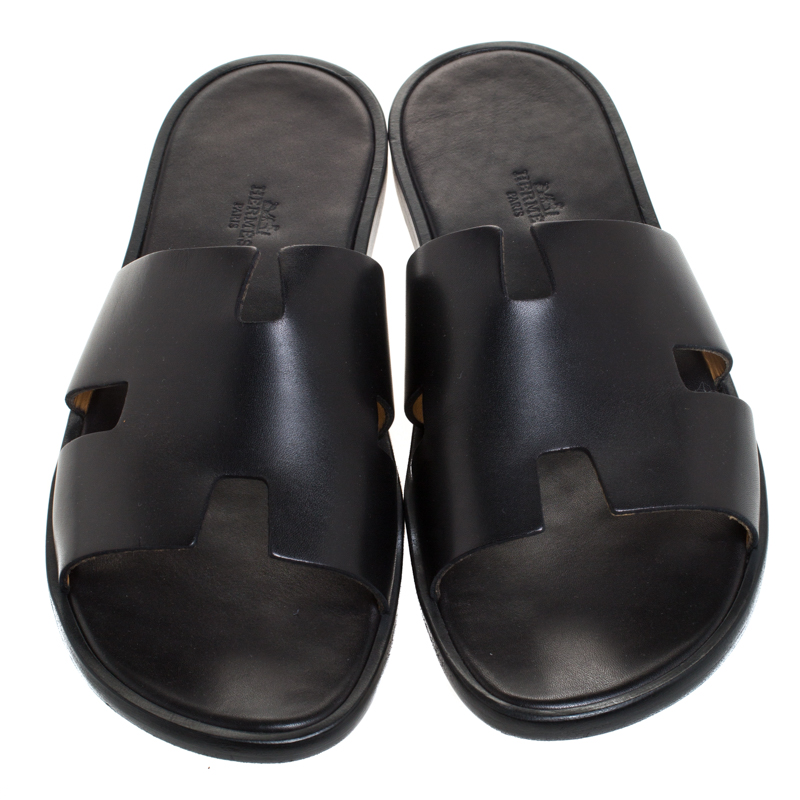 Hermes Black Leather Izmir Flat Slides Size 44.5 Hermes | TLC