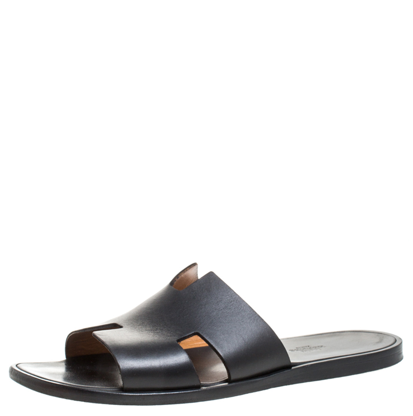 Hermes Black Leather Izmir Flat Slides Size 43