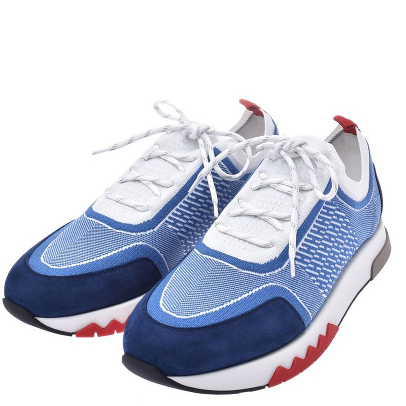 

Hermes White/Blue Canvas Leather Sneakers Size