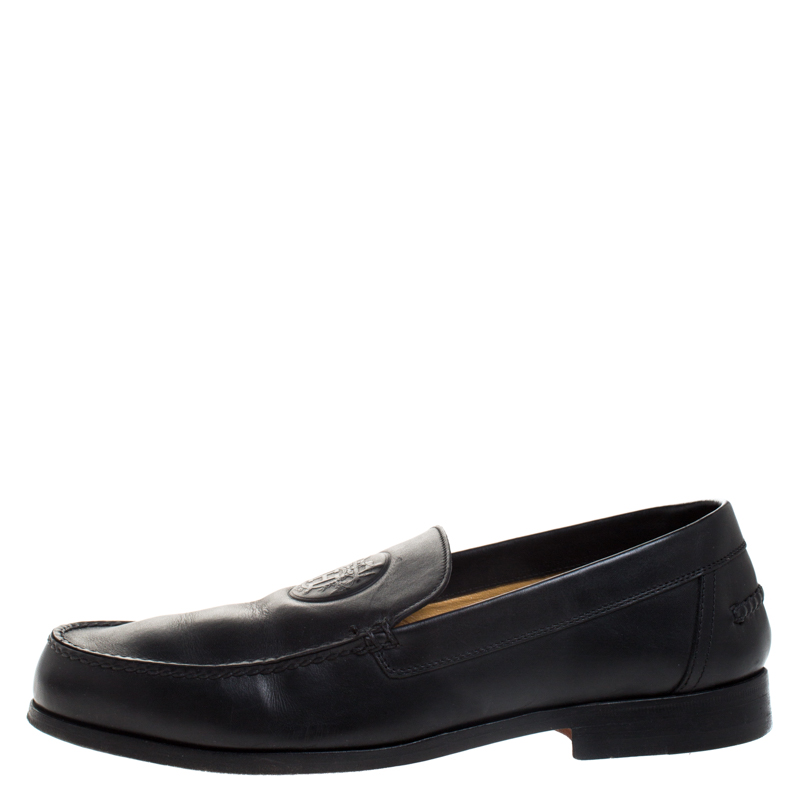 

Hermes Black Logo Embossed Leather Slip On Loafers Size