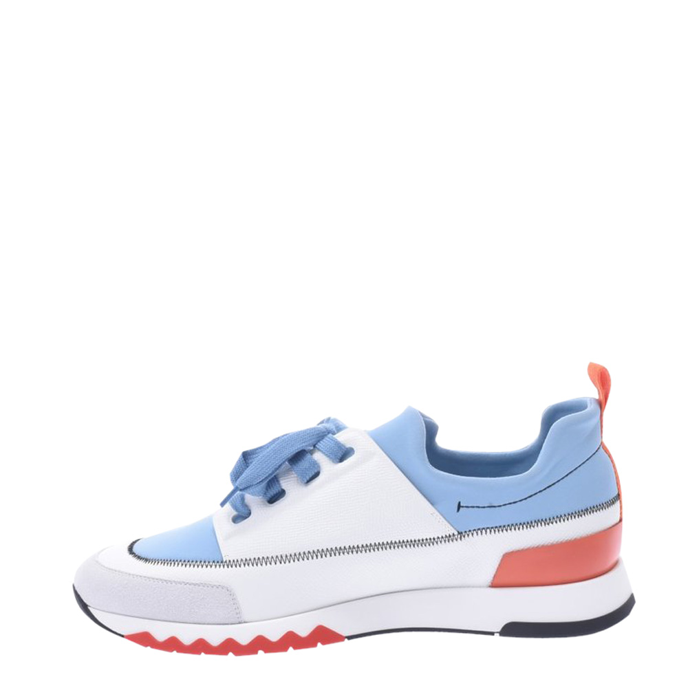 

Hermes White/Blue Leather And Canvas Stadium Sneakers Size