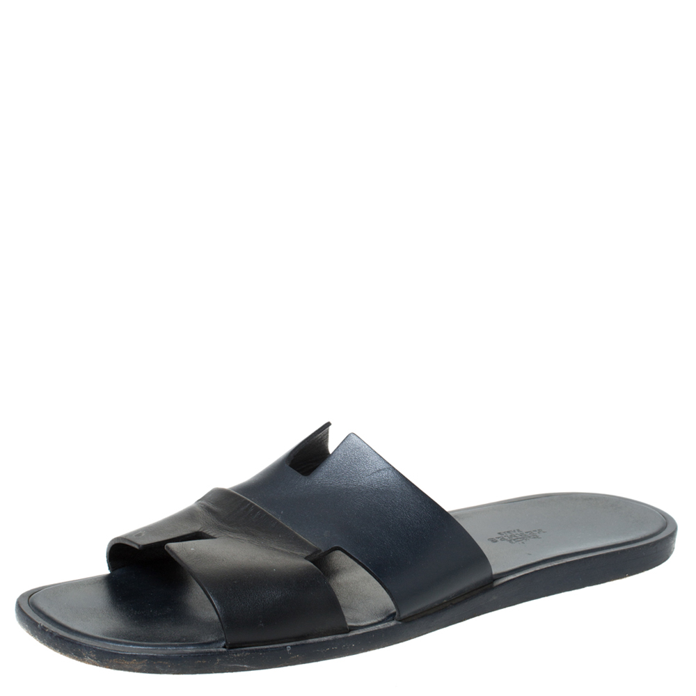 Hermes Black Leather Izmir Slide Sandals Size 44