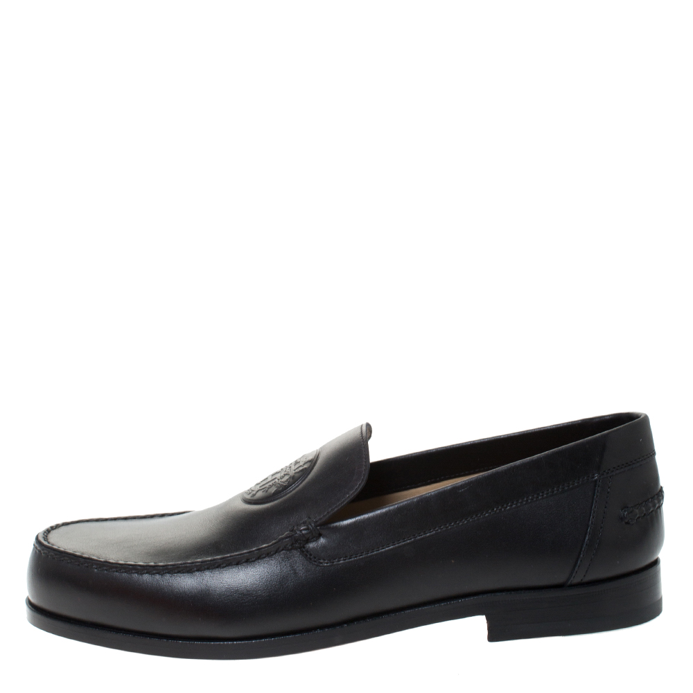 

Hermes Black Logo Embossed Leather Slip On Loafers Size