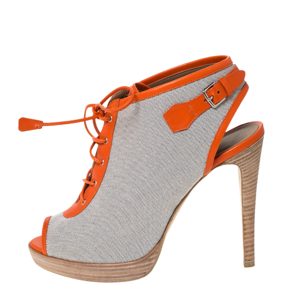 

Hermes Grey Canvas And Orange Leather Trim Lace Up Peep Toe Platform Booties Size
