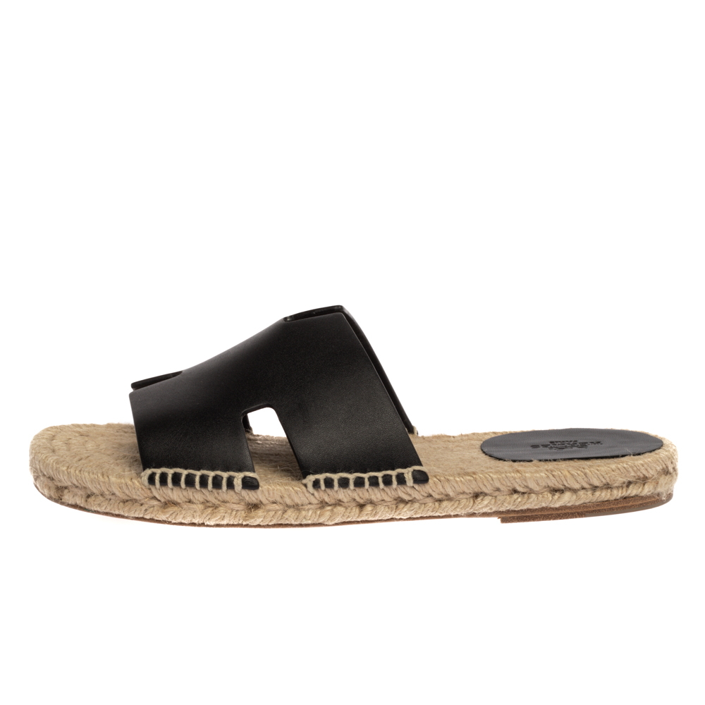 

Hermes Black Leather Antigua Espadrille Sandals Size