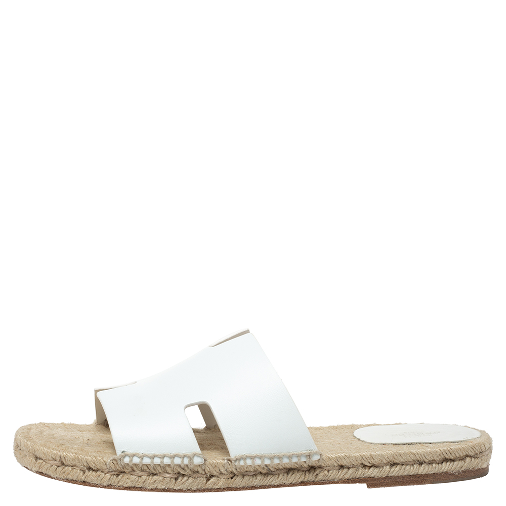 

Hermes White Antigua Espadrille Sandals Size