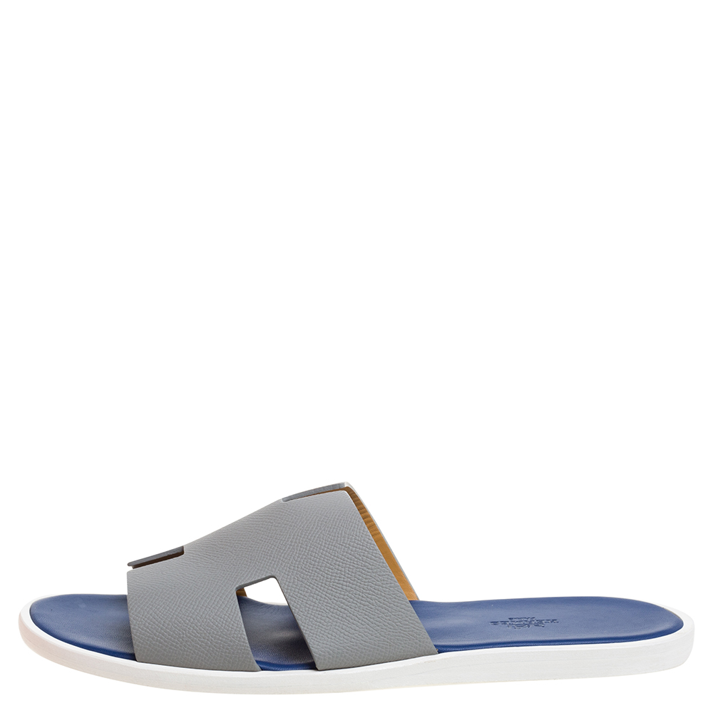 

Hermes Grey/Blue Leather Izmir Slip On Sandals Size