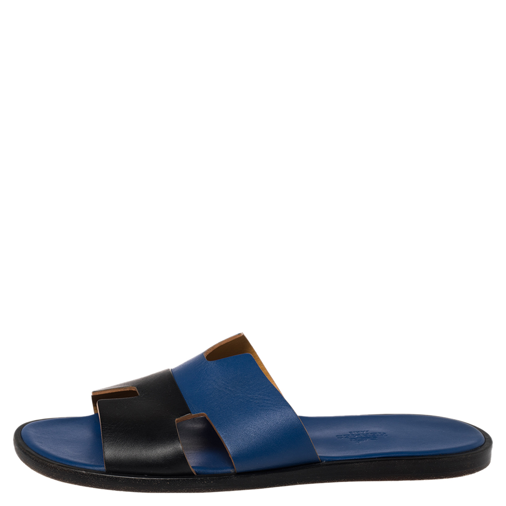 

Hermes Blue/Black Textured Izmir Sandals Size