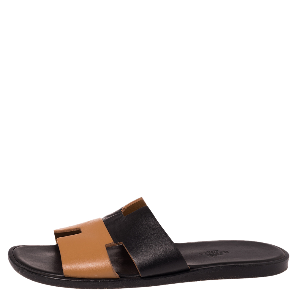 

Hermes Tan/Black Leather Izmir Sandals Size