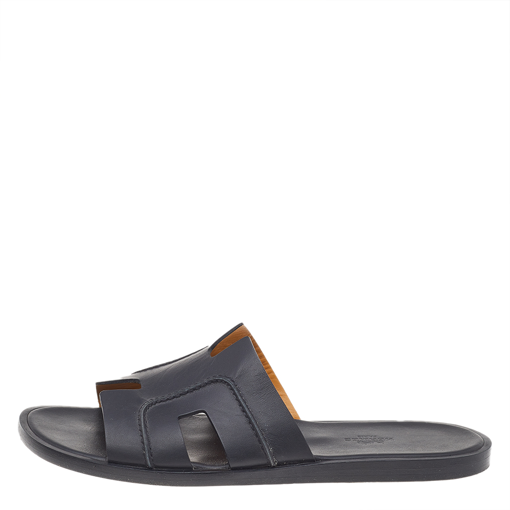 

Hermes Black Leather Izmir Flat Slide Sandals Size
