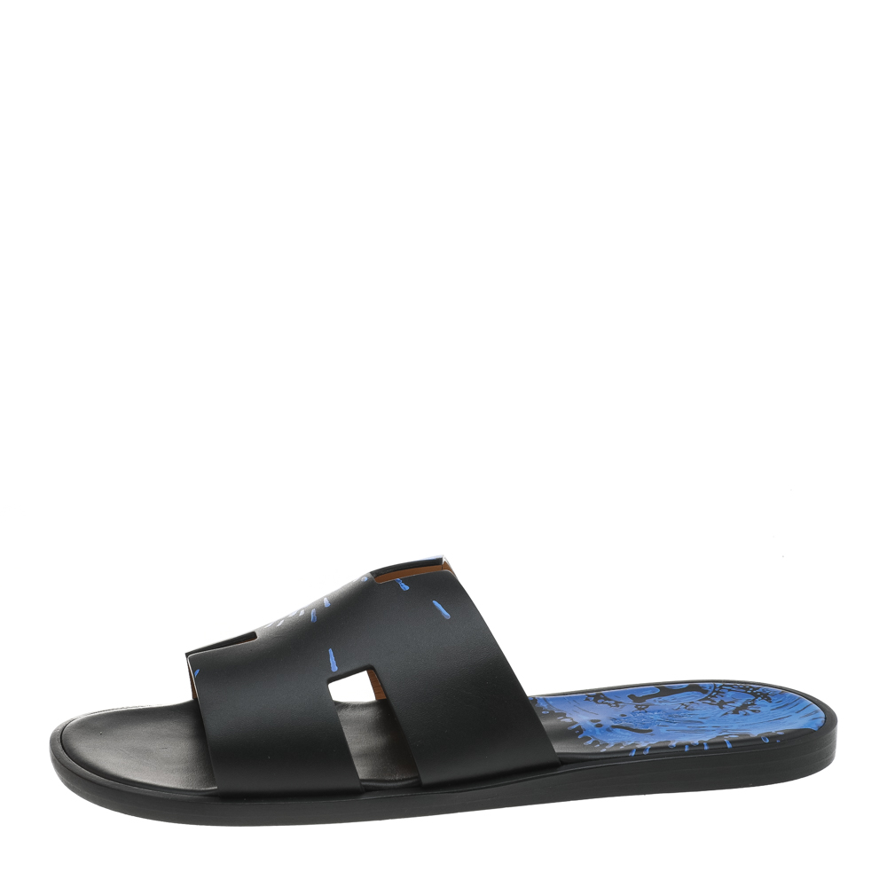 

Hermes Blue/Black Leather Peinture Fraiche Print Izmir Flat Slides Size
