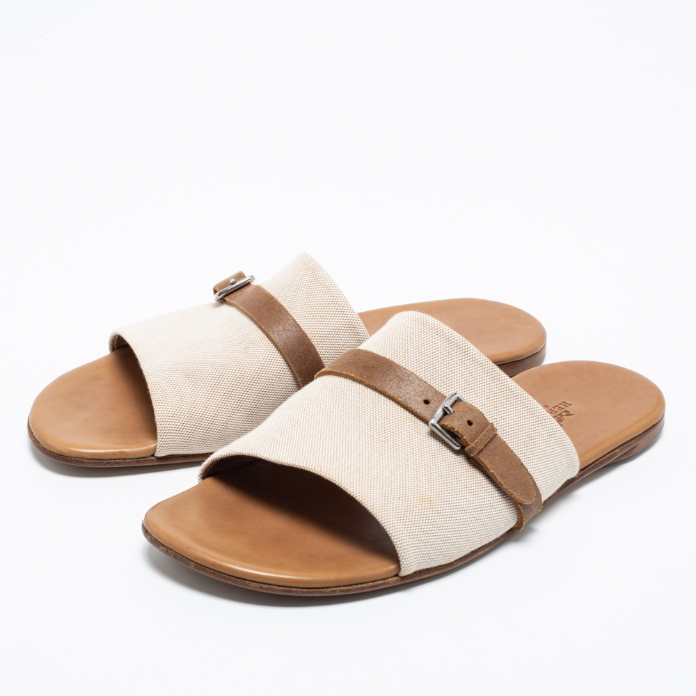 

Hermes Cream/Brown Canvas And Leather Flat Sandals Size