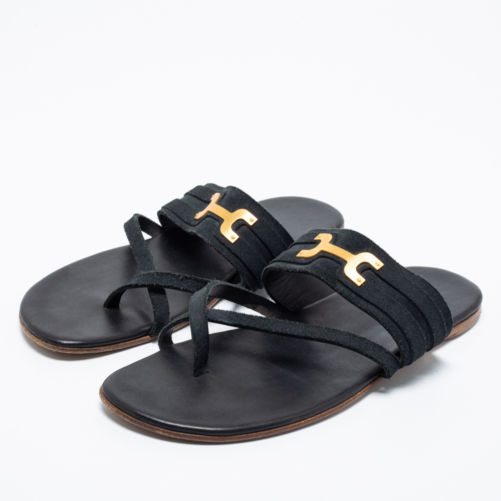 

Hermes Black Suede Ring Toe Flat Sandals Size