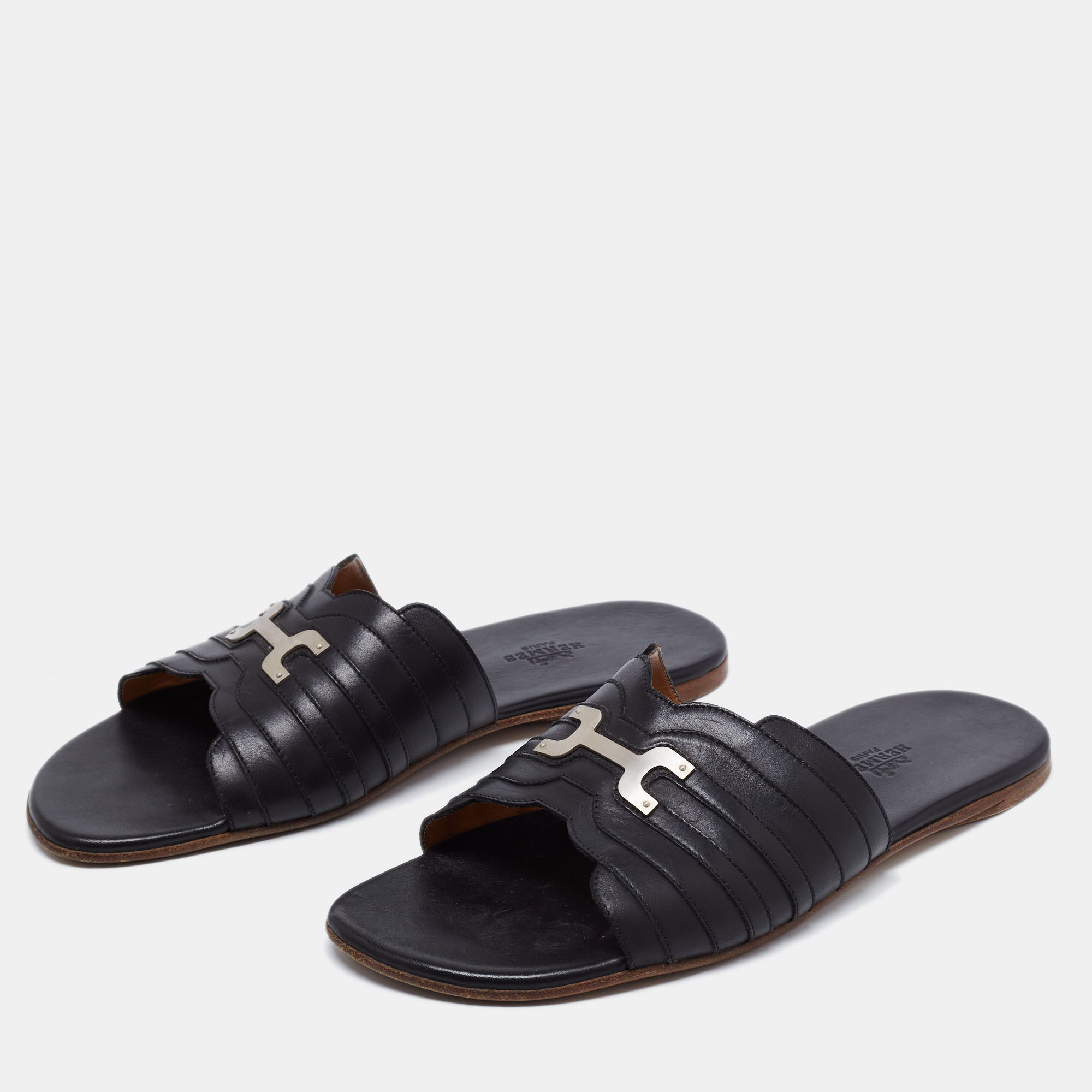 

Hermes Black Leather Slide Sandals Size