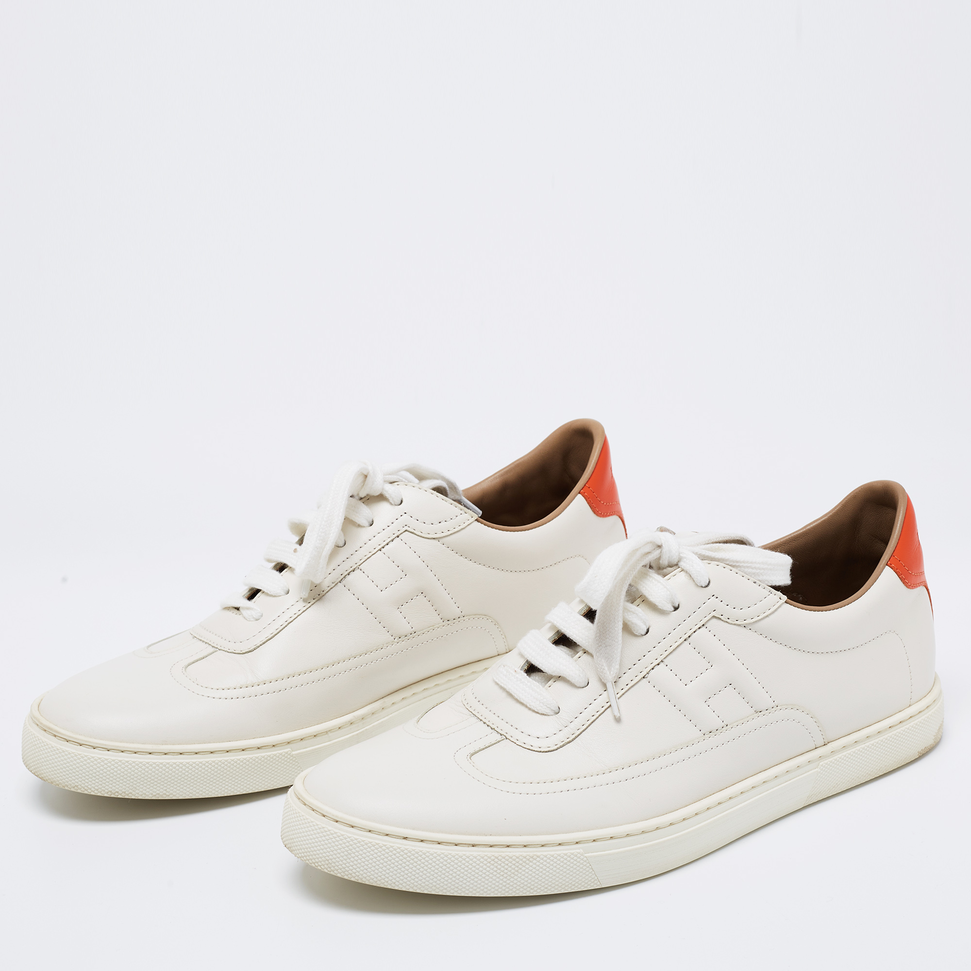 

Hermes White/Orange Leather Quicker Low-Top Sneakers Size