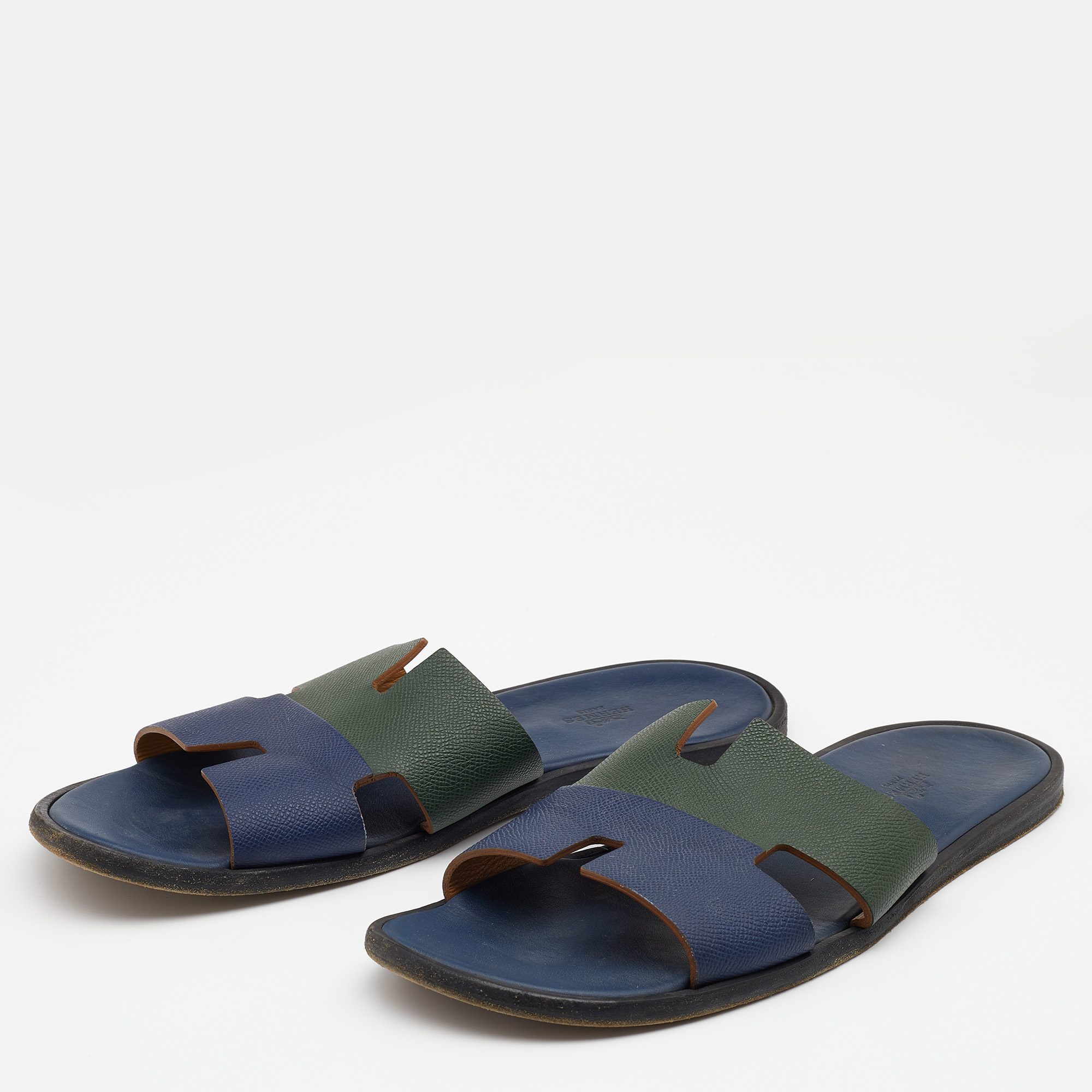 

Hermes Blue/Green Leather Izmir Flat Slides Size