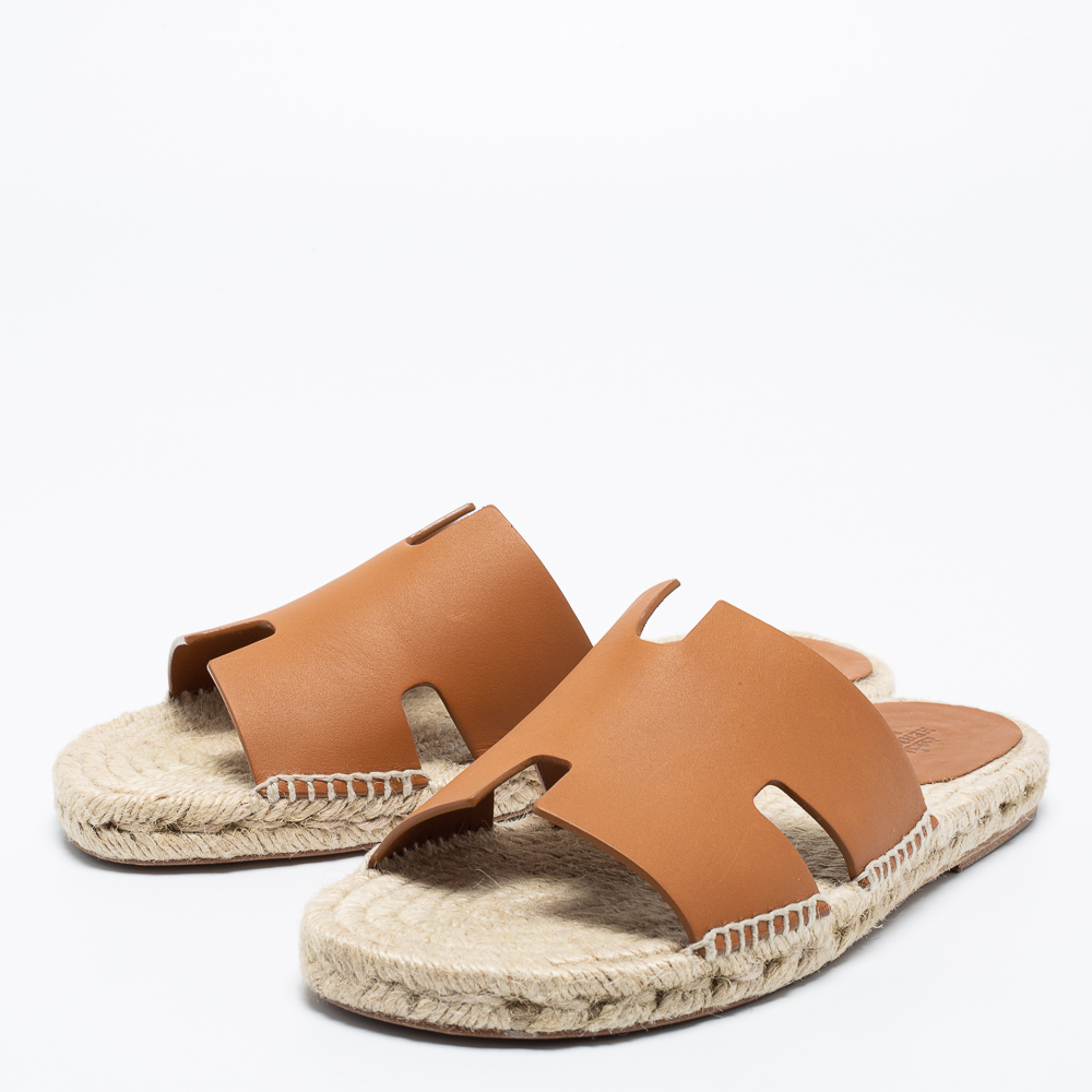 

Hermes Tan Leather Antigua Espadrille Flat Slides Size