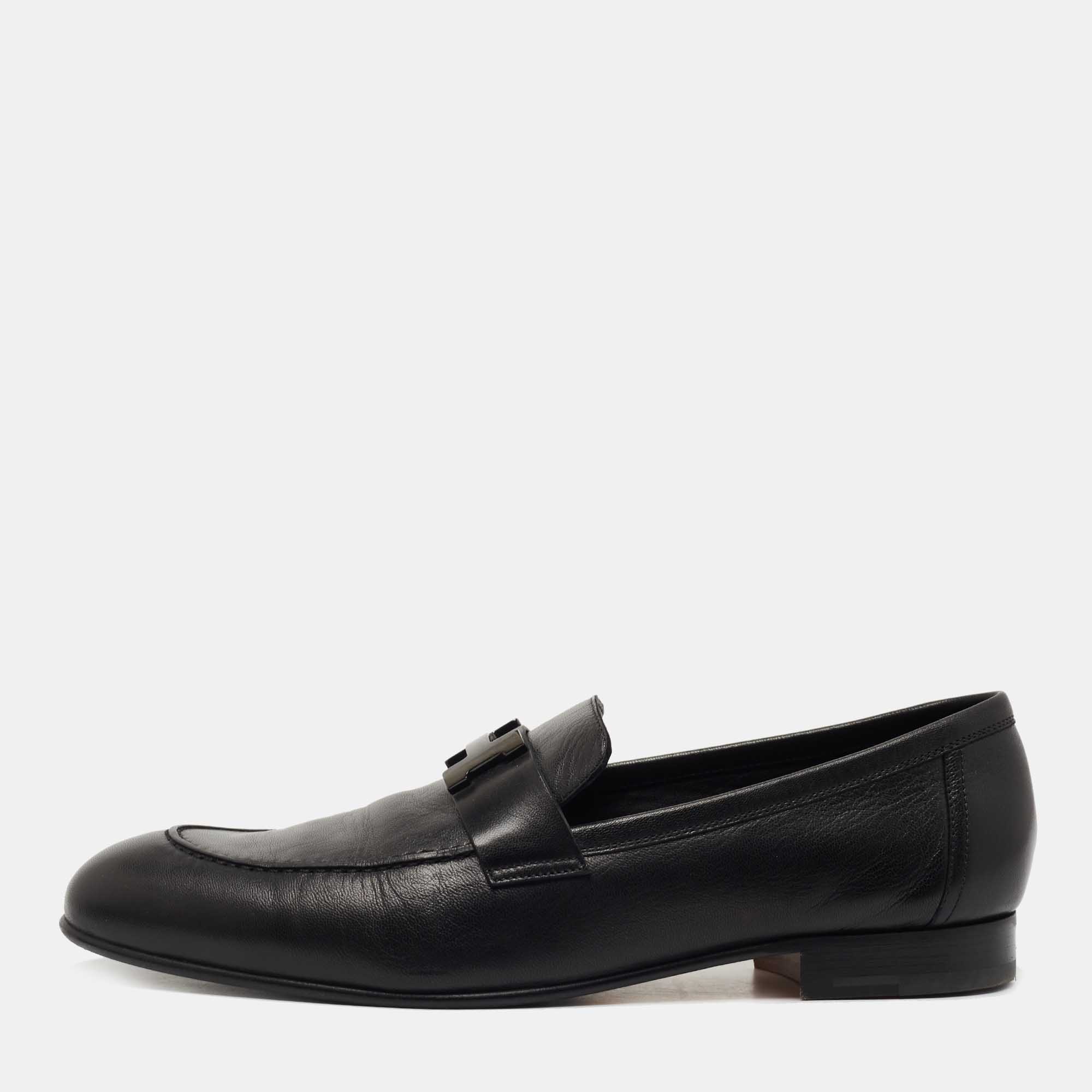 Hermes Black Leather Fitted Loafers  Size 43.5