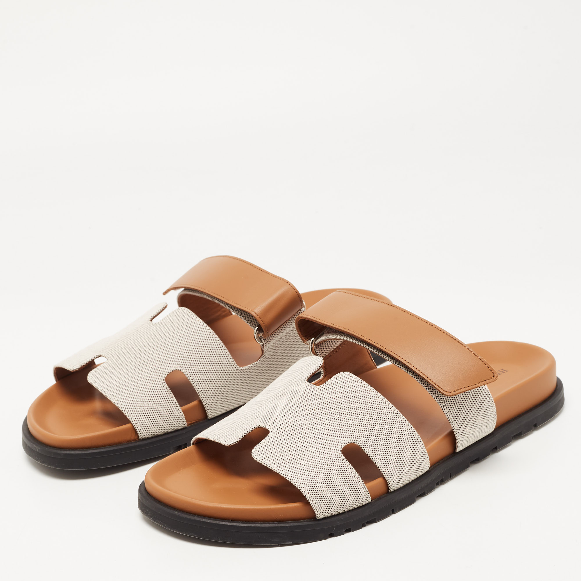 

Hermes Grey/Brown Canvas Chypre Sandals Size