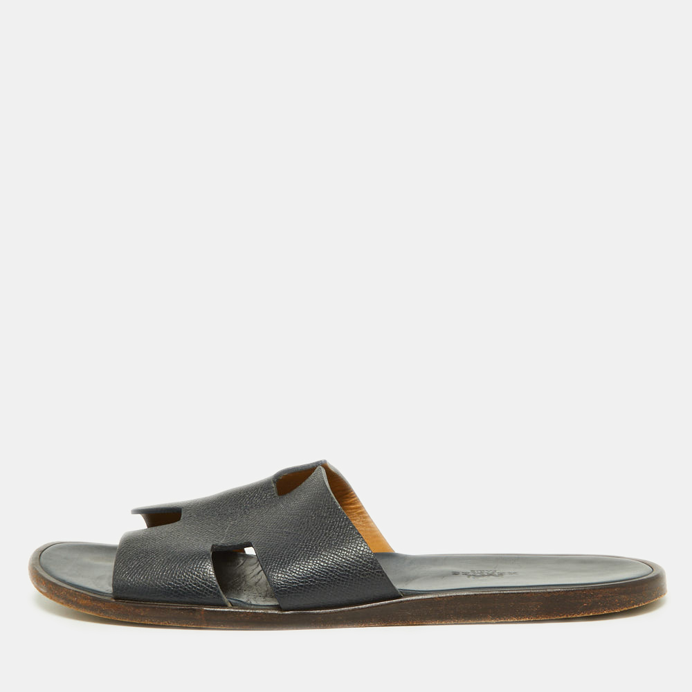 HERMÈS Izmir Men's Navy Blue Leather Slides Size: US13 | EU 46.