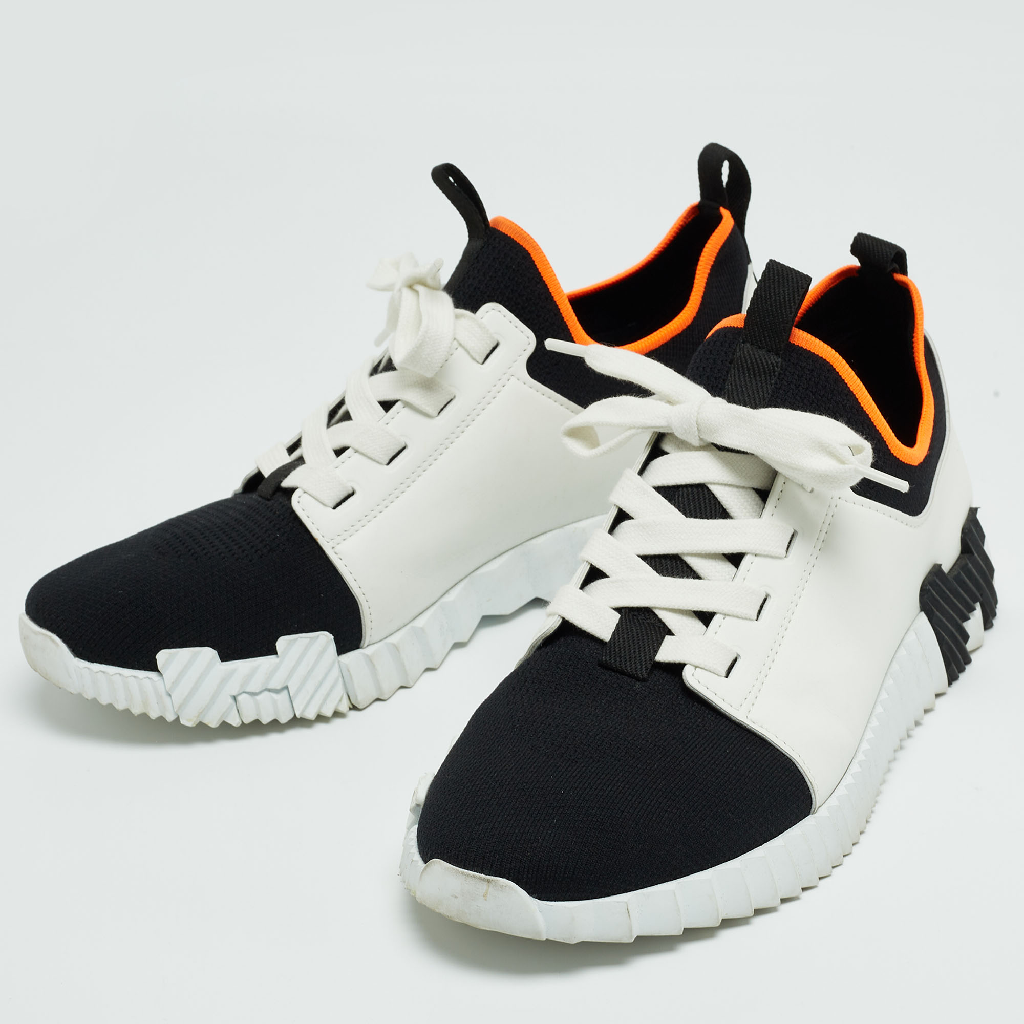 

Hermes White/Black Leather and Knit Fabric Depart Sneakers Size