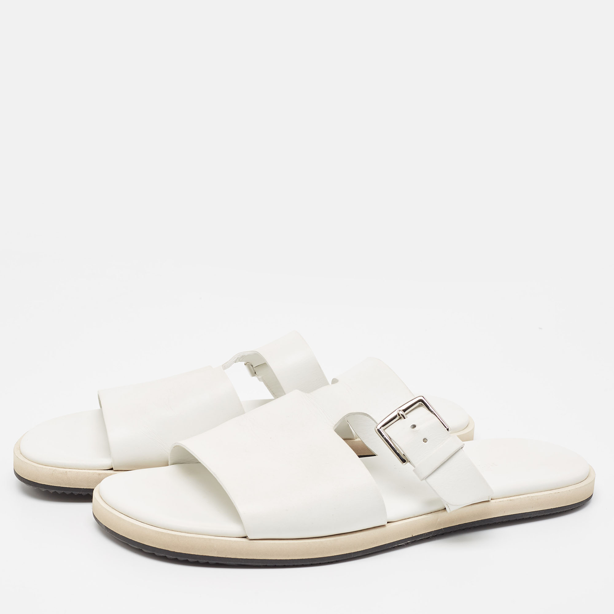 

Hermes White Leather Buckle Detail Flat Slide Sandals Size