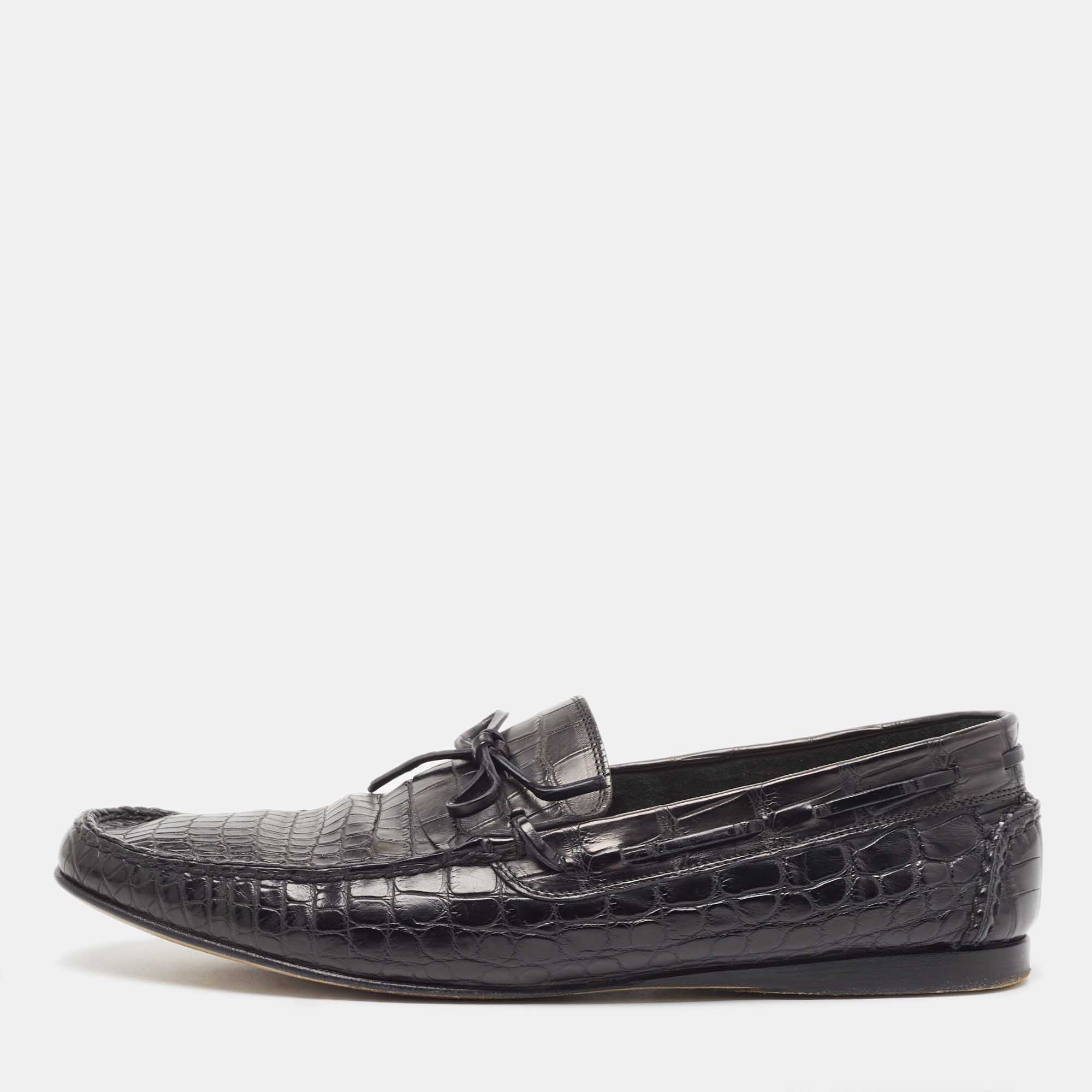Pre-owned Hermes Black Alligator Bow Slip On Loafers Size 43