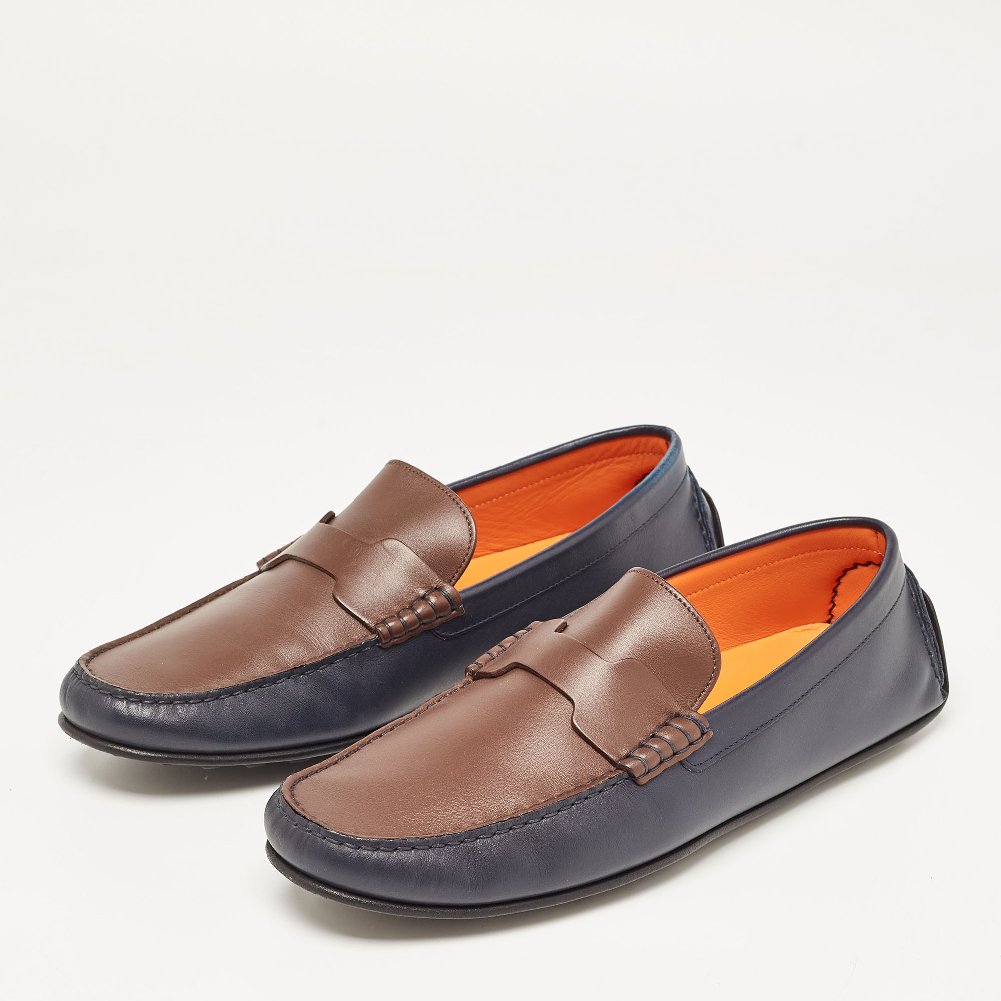 

Hermes Blue/Brown Leather Oscar Slip On Loafers Size