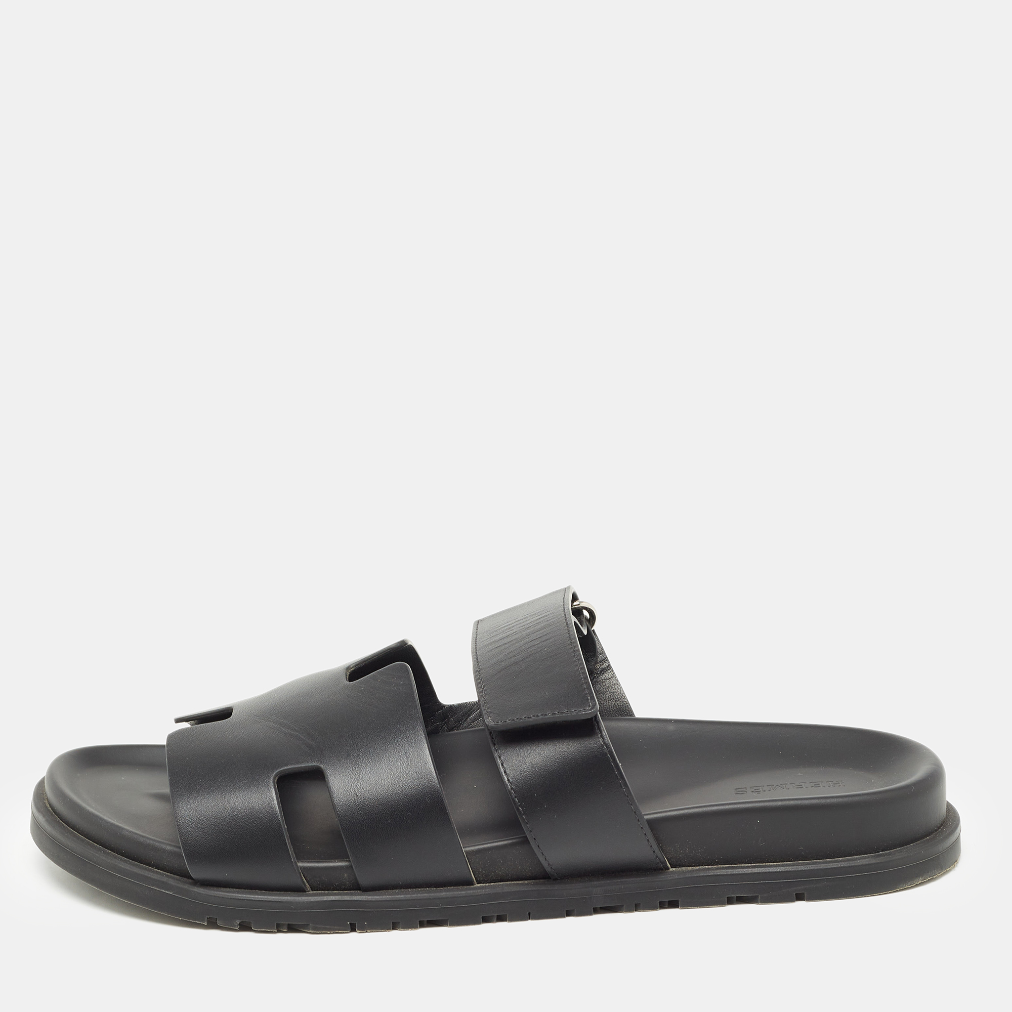 Hermes Black Leather Chypre Sandals  Size 44