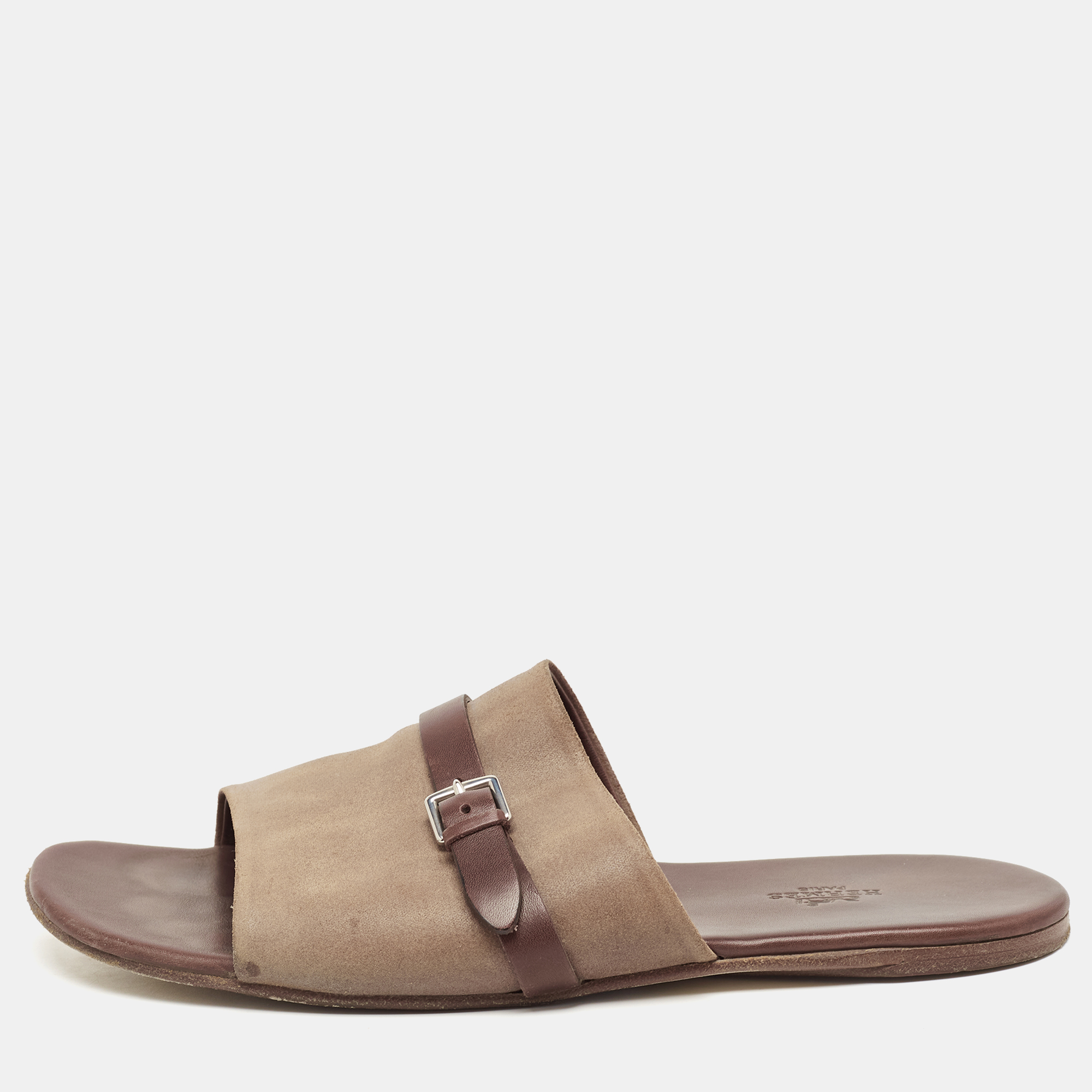 

Hermes Brown/Brown Leather and Suede Flat Slides Size