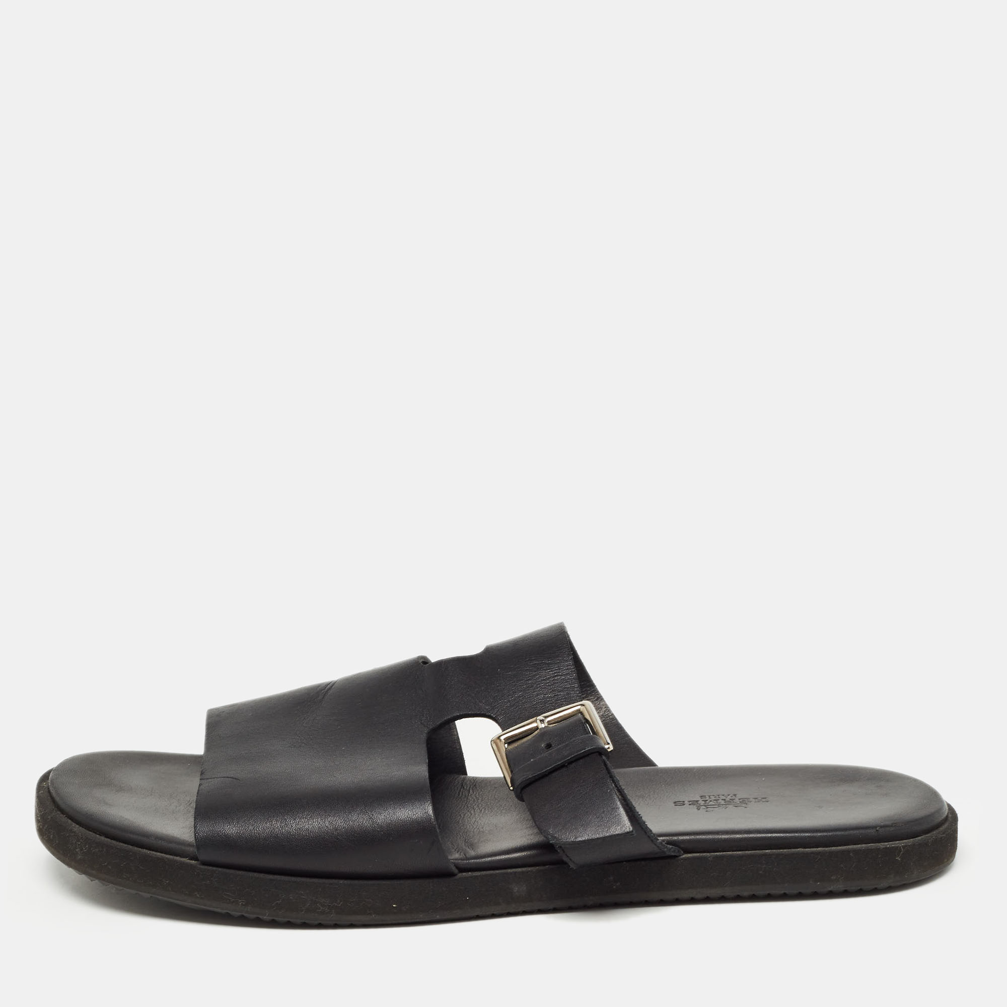 Pre-owned Hermes Black Leather Double Strap Slides Size 43
