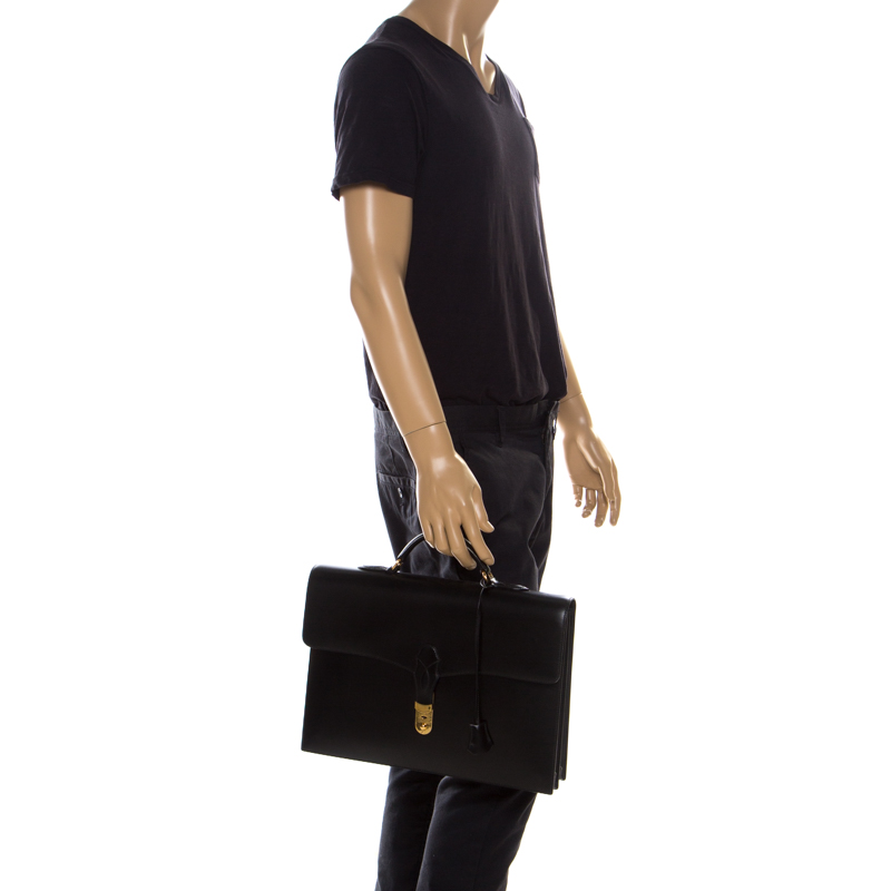 

Hermes Black Leather Sac a Depeches 38 Briefcase