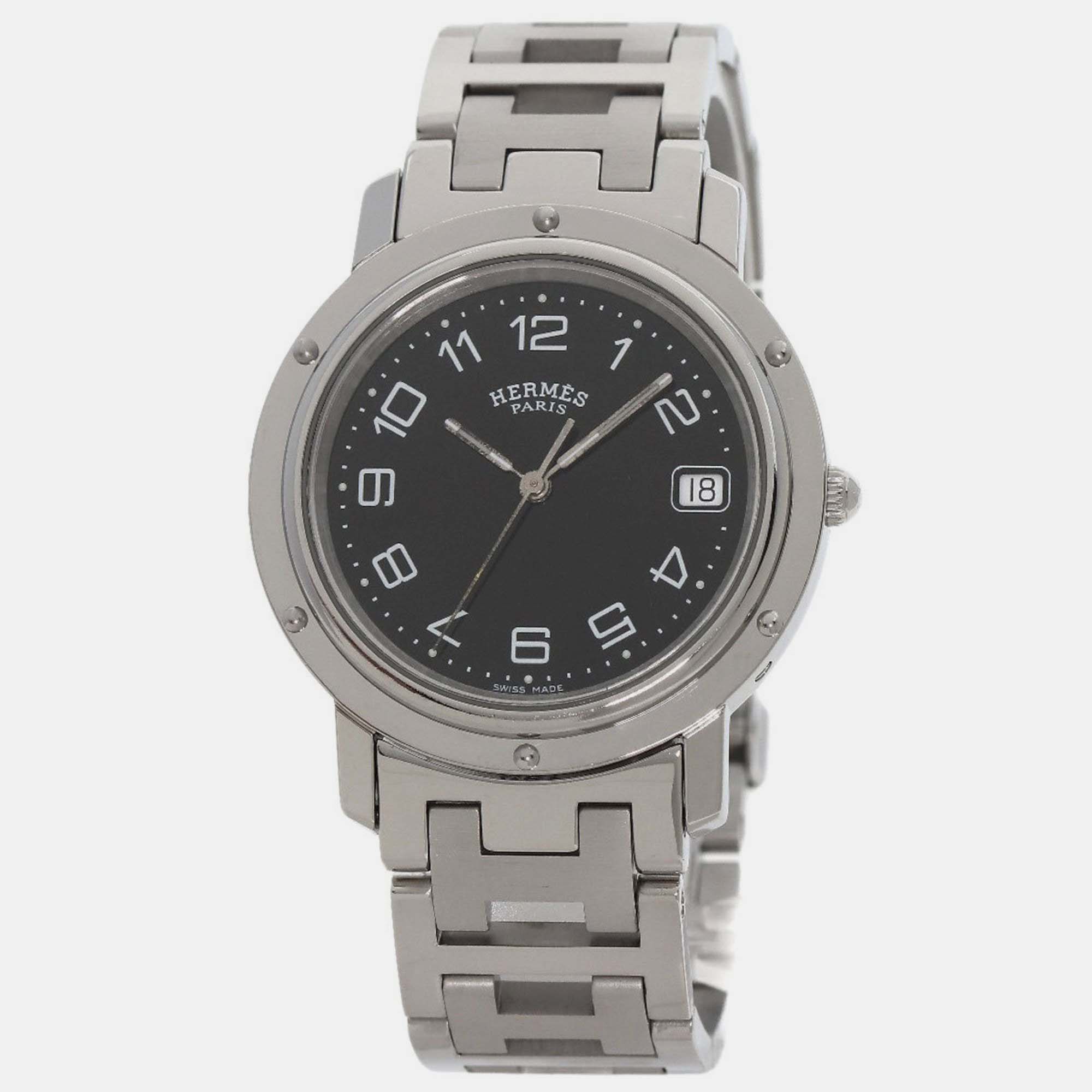 

Hermes Black Stainless Steel Clipper Quartz Men's Wristwatch 36 mm