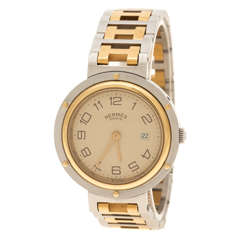 Hermes Cream Gold Tone Stainless Steel Clipper Men's Wristwatch 30 mm