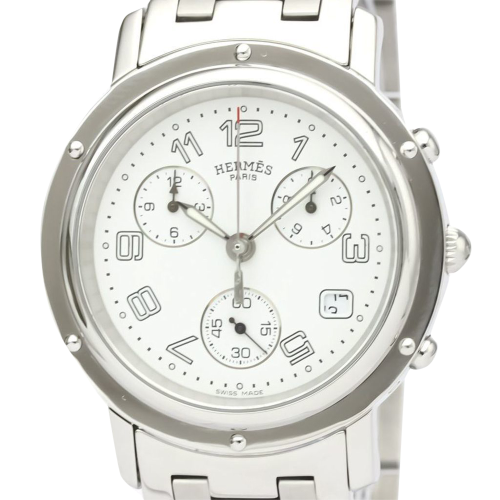 

Hermes Silver Stainless Steel Clipper Chronograph Quartz CL1.910 Men's Wristwatch 38 MM