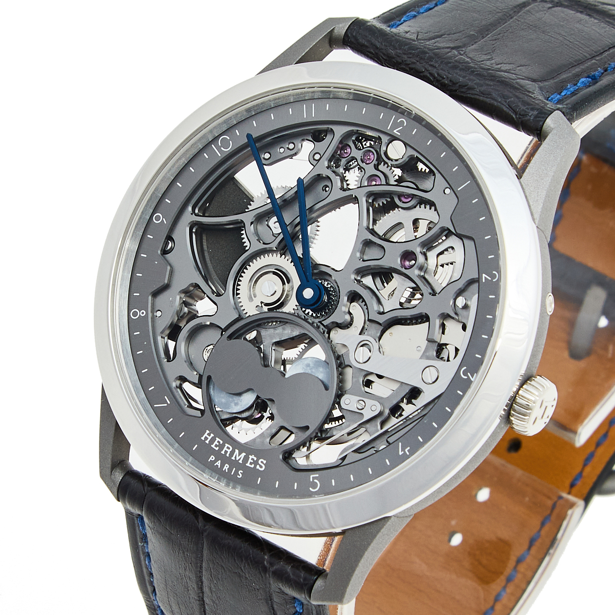 

Hermes Grey Skeleton Titanium Platinum Alligator Leather Slim d'Hermes Squelette Lune W053606WW00 Men's Wristwatch