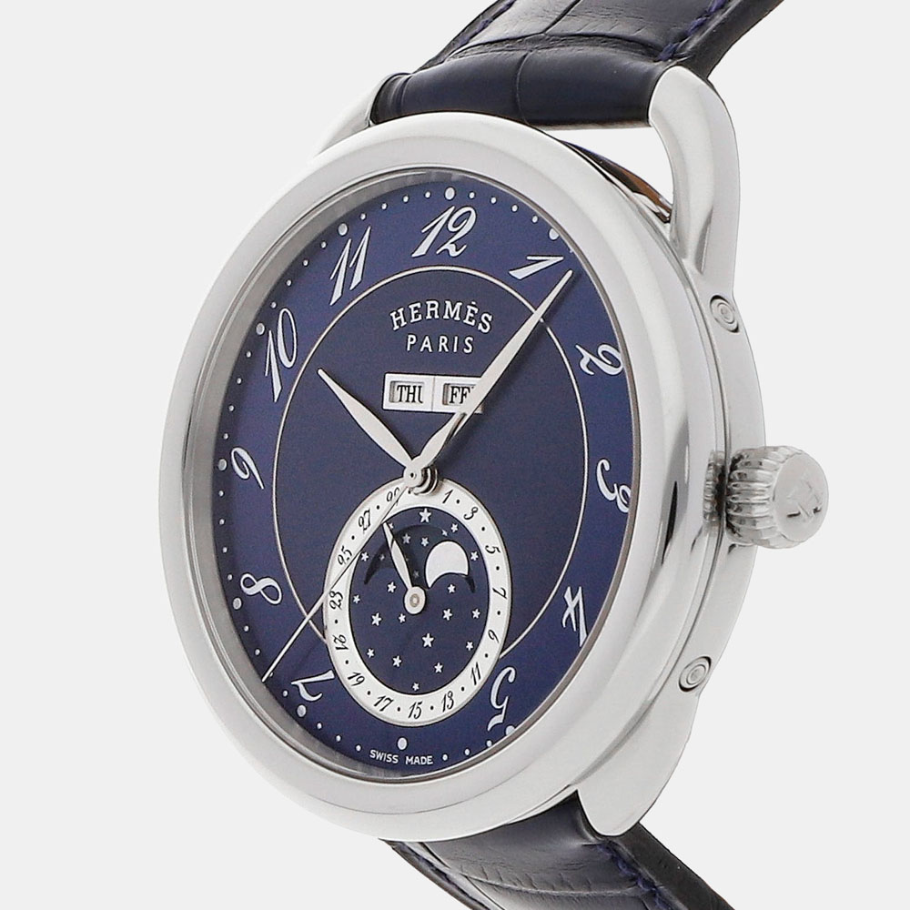 

Hermes Blue Stainless Steel Arceau Grande Lune W055912WW00 Men's Wristwatch 43 MM