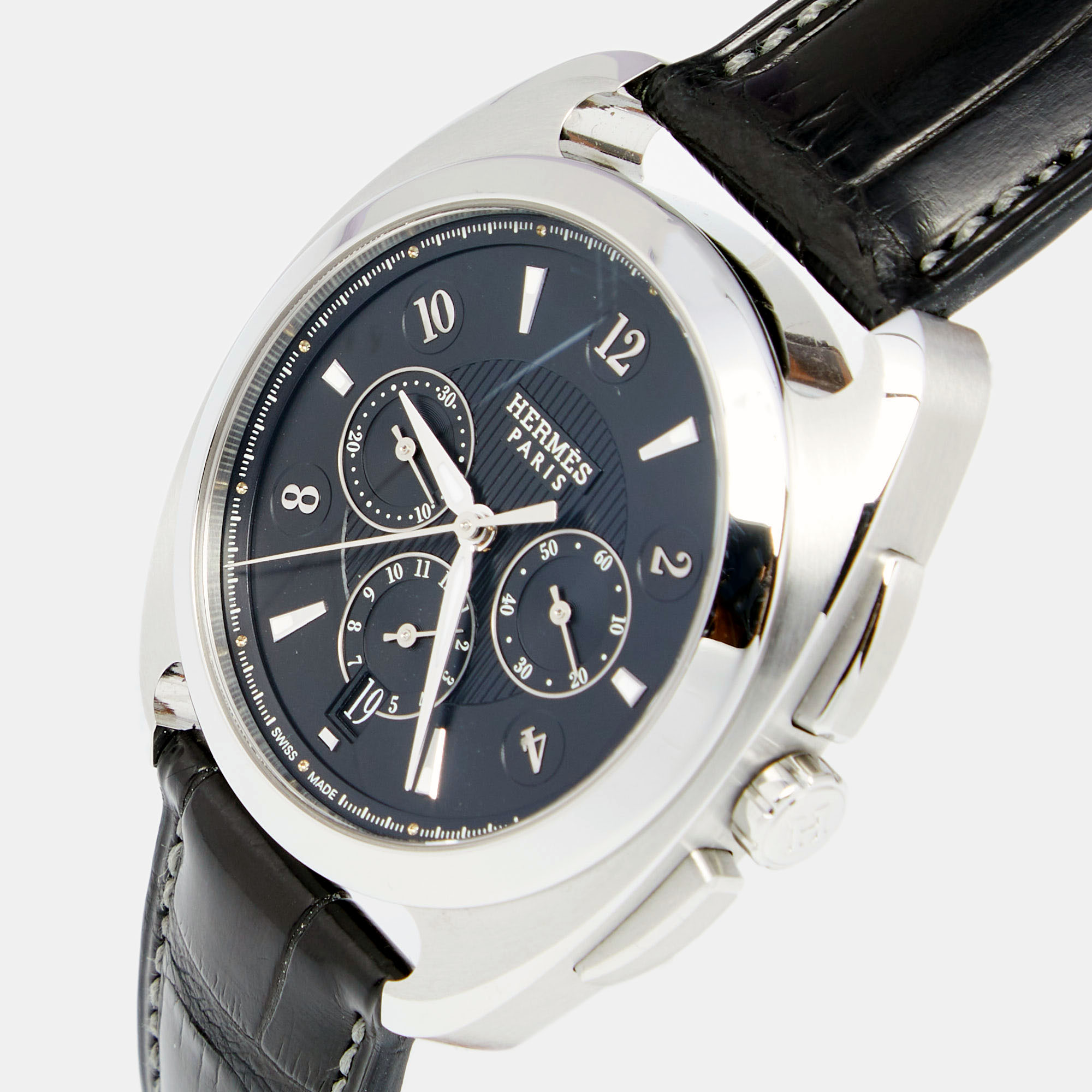 

Hermès Black Stainless Steel Alligator Leather Dressage Chronograph Automatic DR5.910 Men's Wristwatch