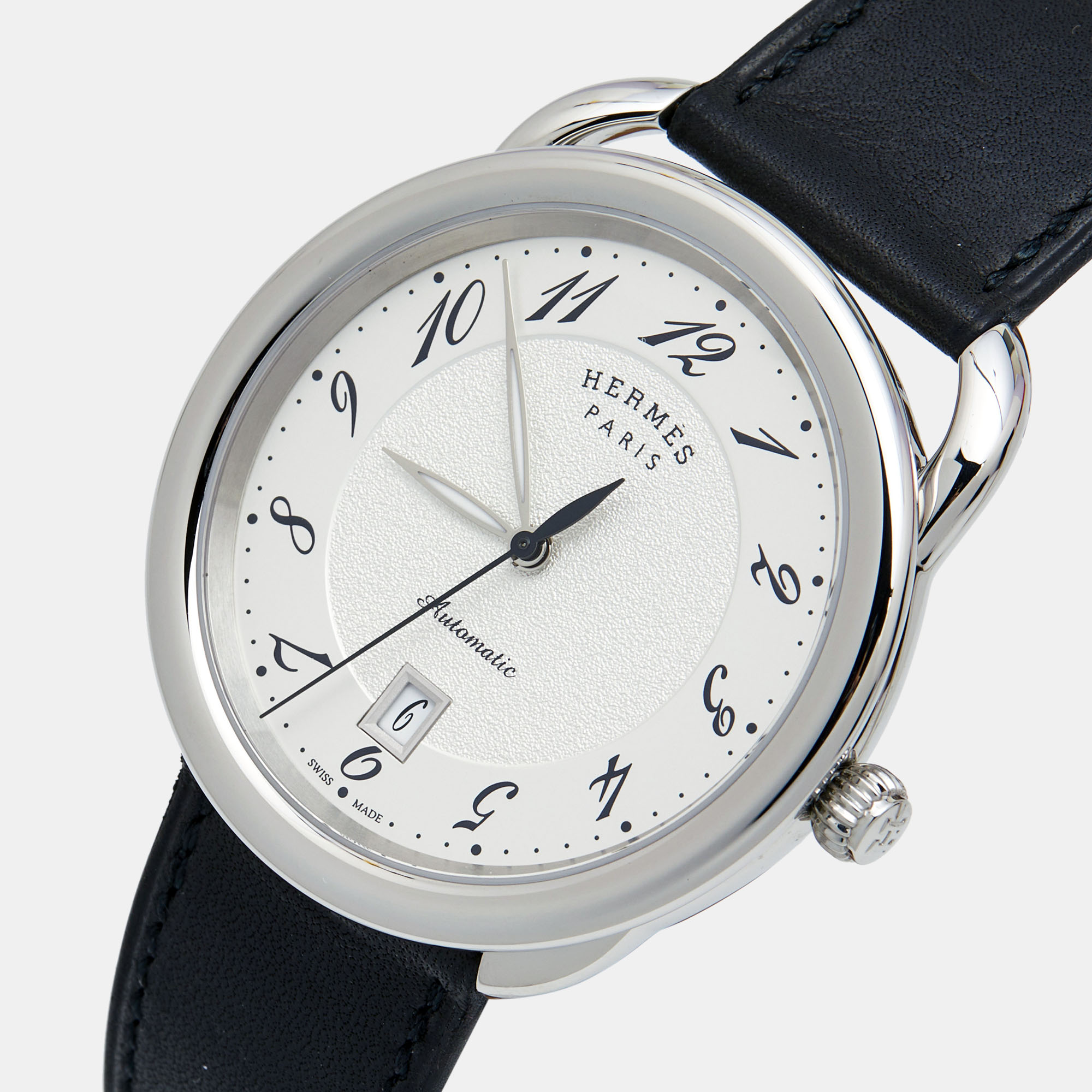 

Hermes White Stainless Steel Steel Leather Arceau AR7.710 Men's Wristwatch, Black