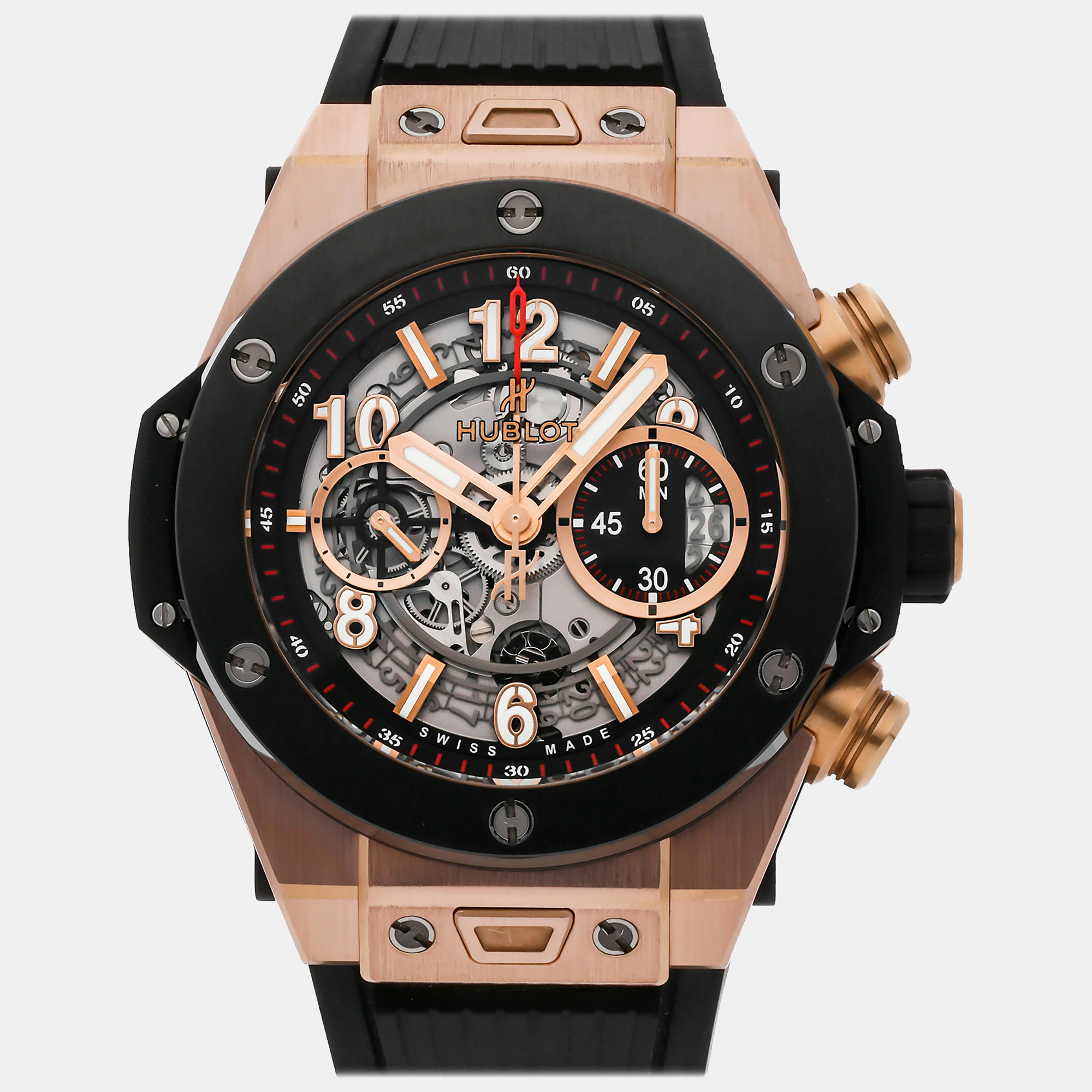 

Hublot Skeleton 18k Rose Gold Big Bang Unico 411.OM.1180.RX Automatic Men's Wristwatch 45 mm, Transparent