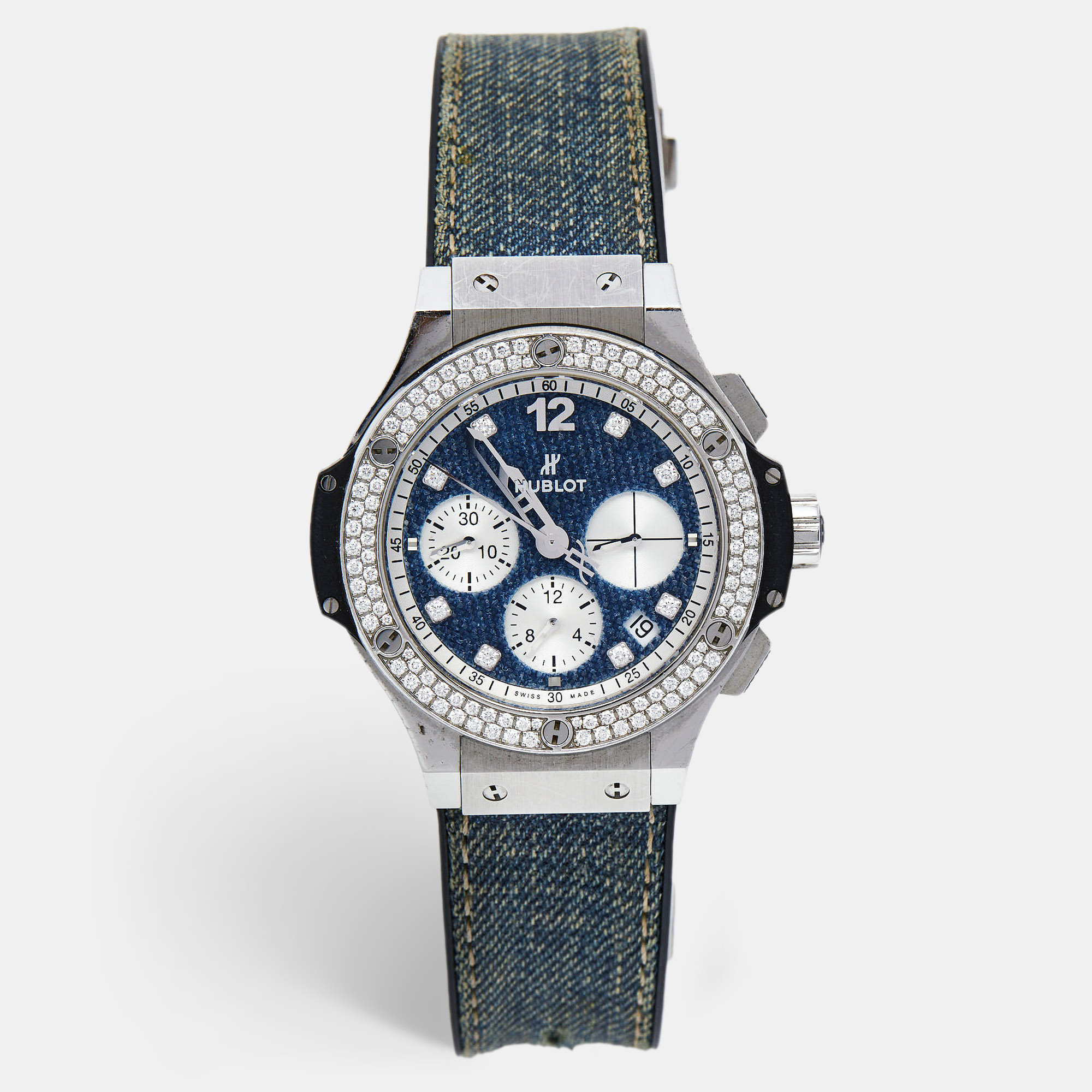 Pre-owned Hublot Blue Stainless Steel Diamond Fabric Rubber Limited Edition Big Bang Jeans 341.sx.2710.nr.1104.jeans 