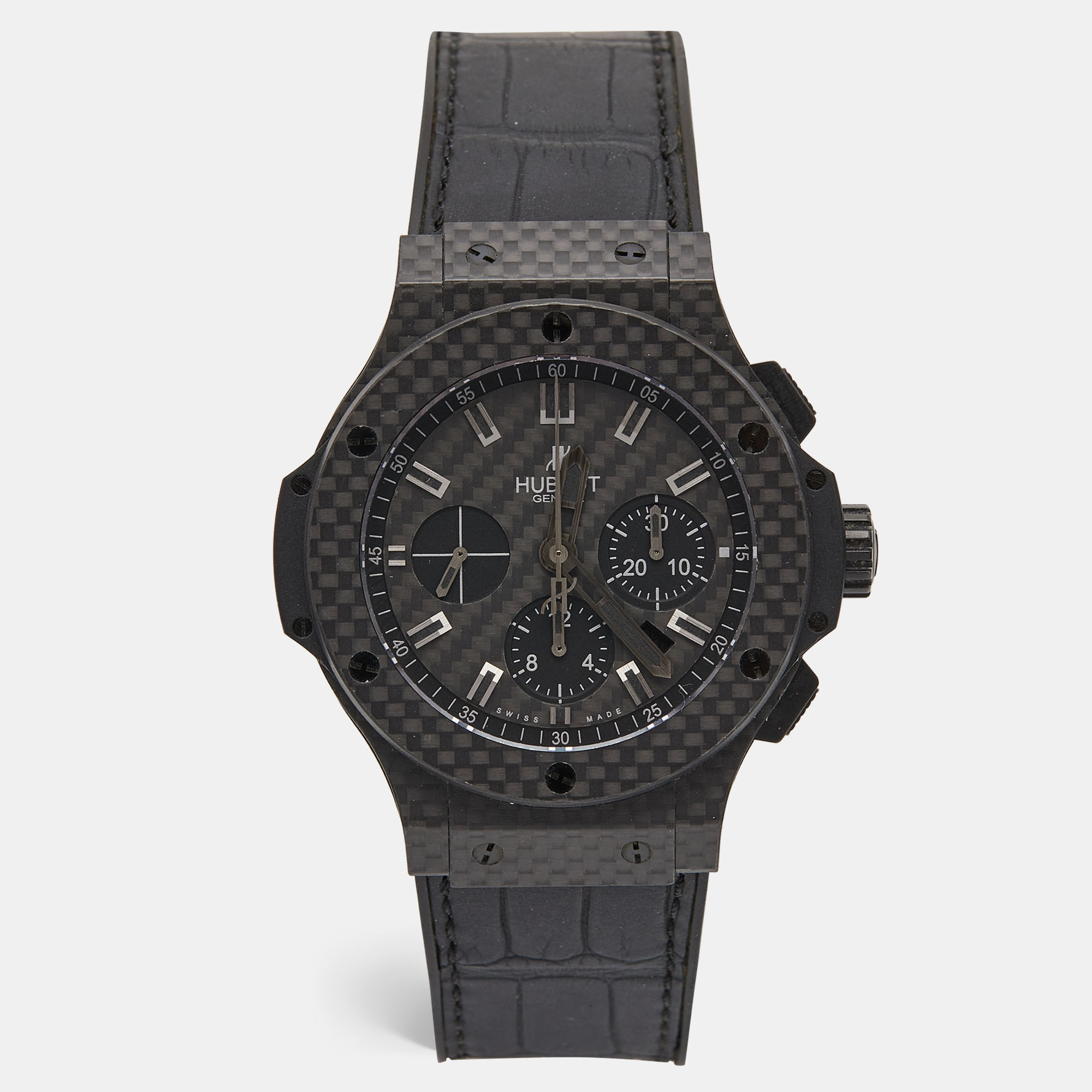 Pre-owned Hublot Black Carbon Fiber Rubber Alligator Leather Big Bang 301.qx.1740.gr Men's Wristwatch 44 Mm