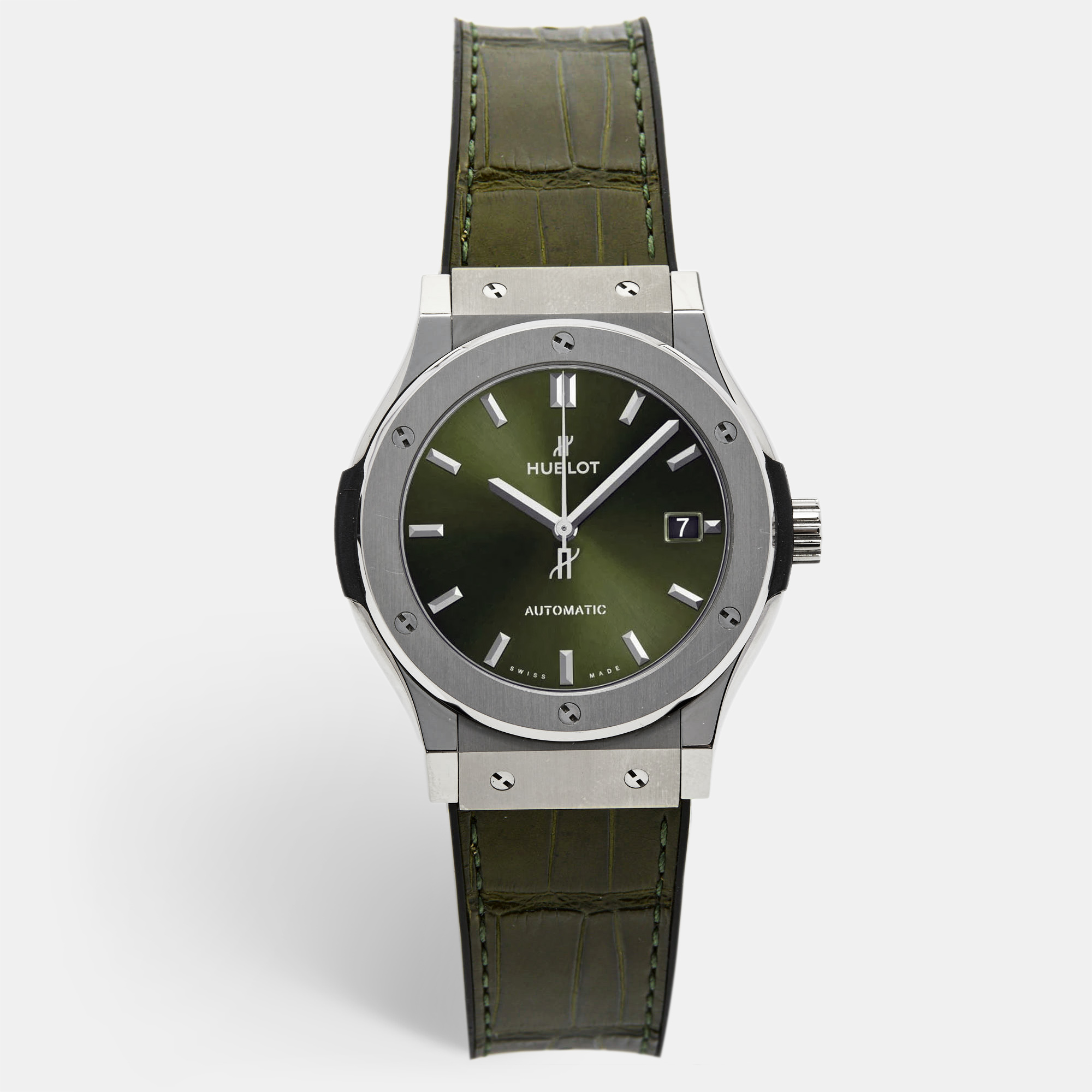 Pre-owned Hublot Green Titanium Alligator Rubber Classic Fusion 542.nx.8970.lr Men's Wristwatch 42 Mm