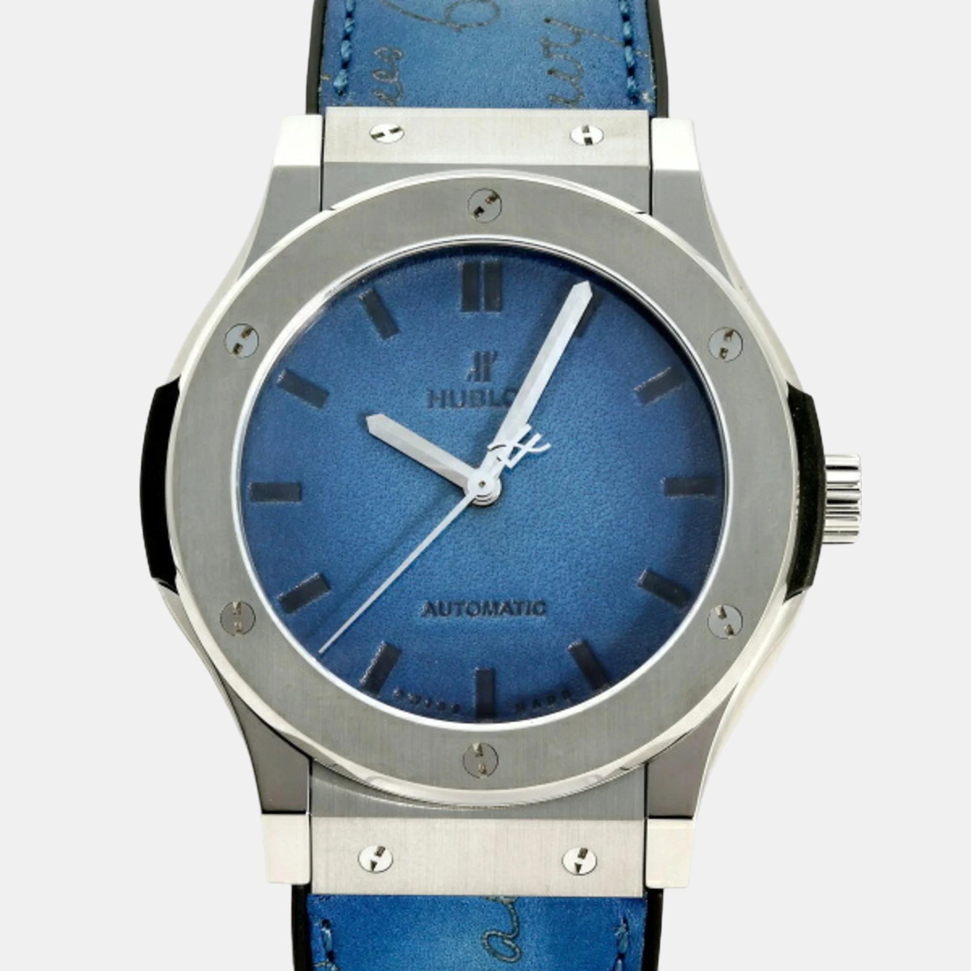 Pre-owned Hublot Blue Titanium Classic Fusion 511.nx.050b.vr.ber16 Automatic Men's Wristwatch 45 Mm