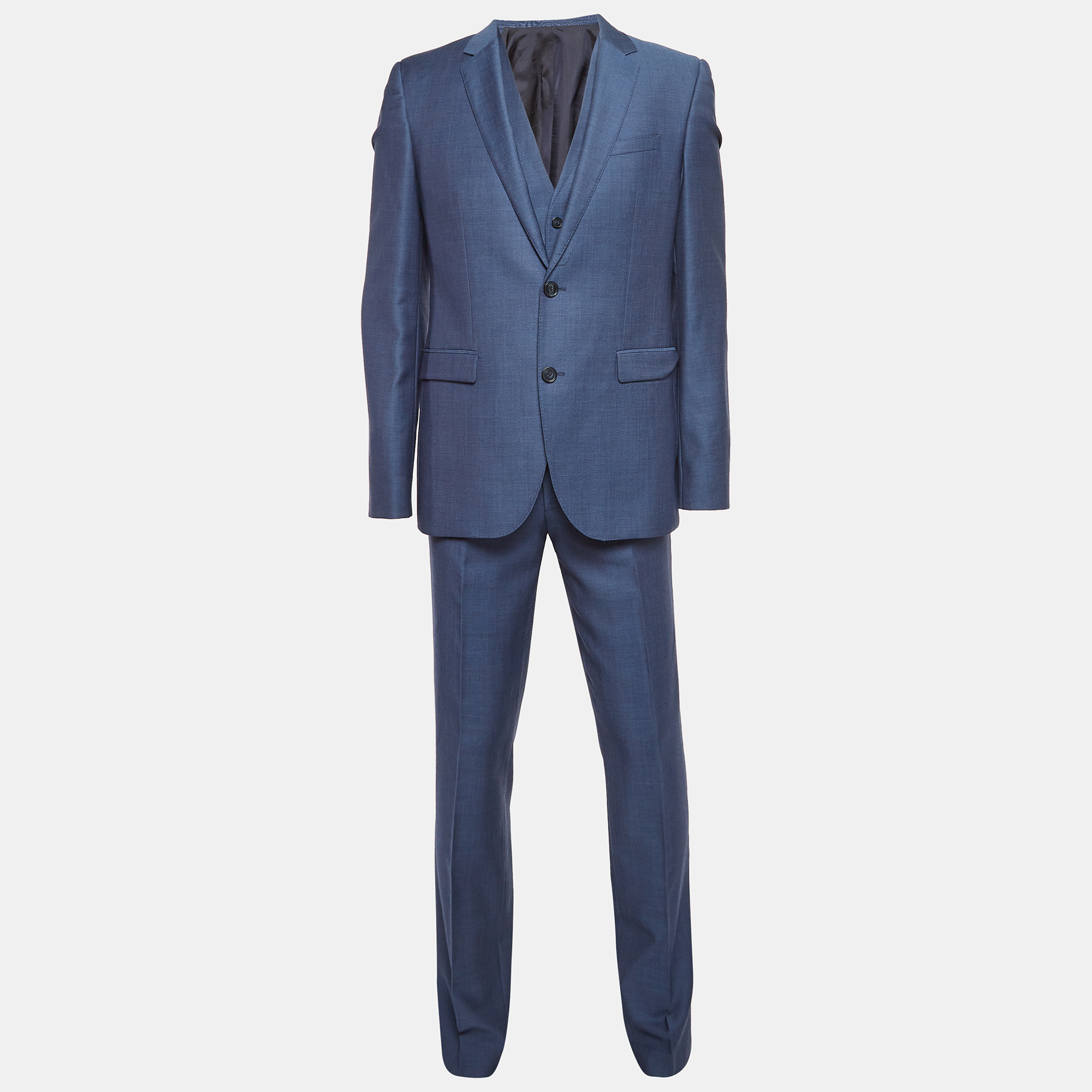 Pre-owned Hugo Boss Blue Wool Single Breasted Three Piece Pants Suit L