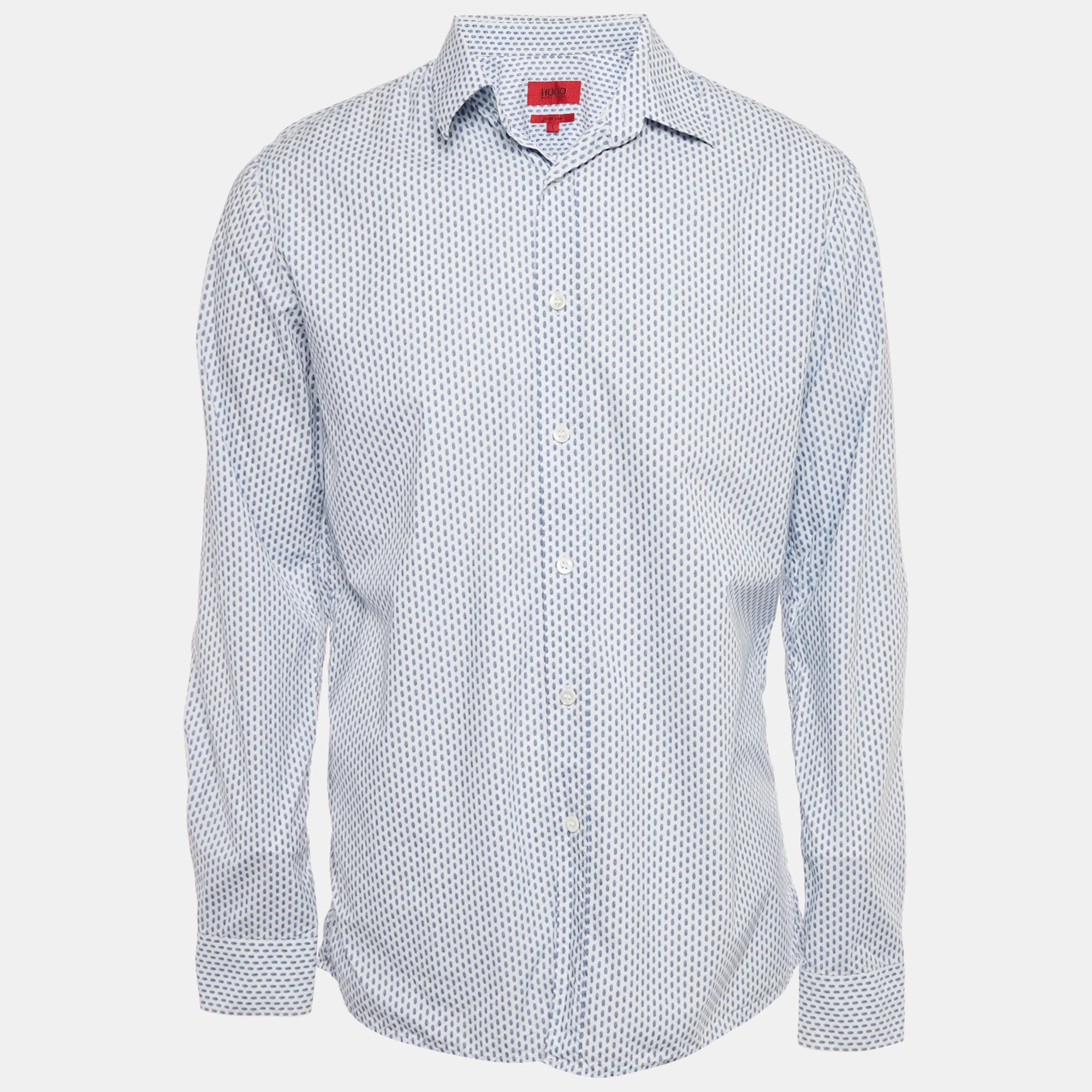 

Hugo Boss White/Blue Printed Cotton Slim Line Shirt L