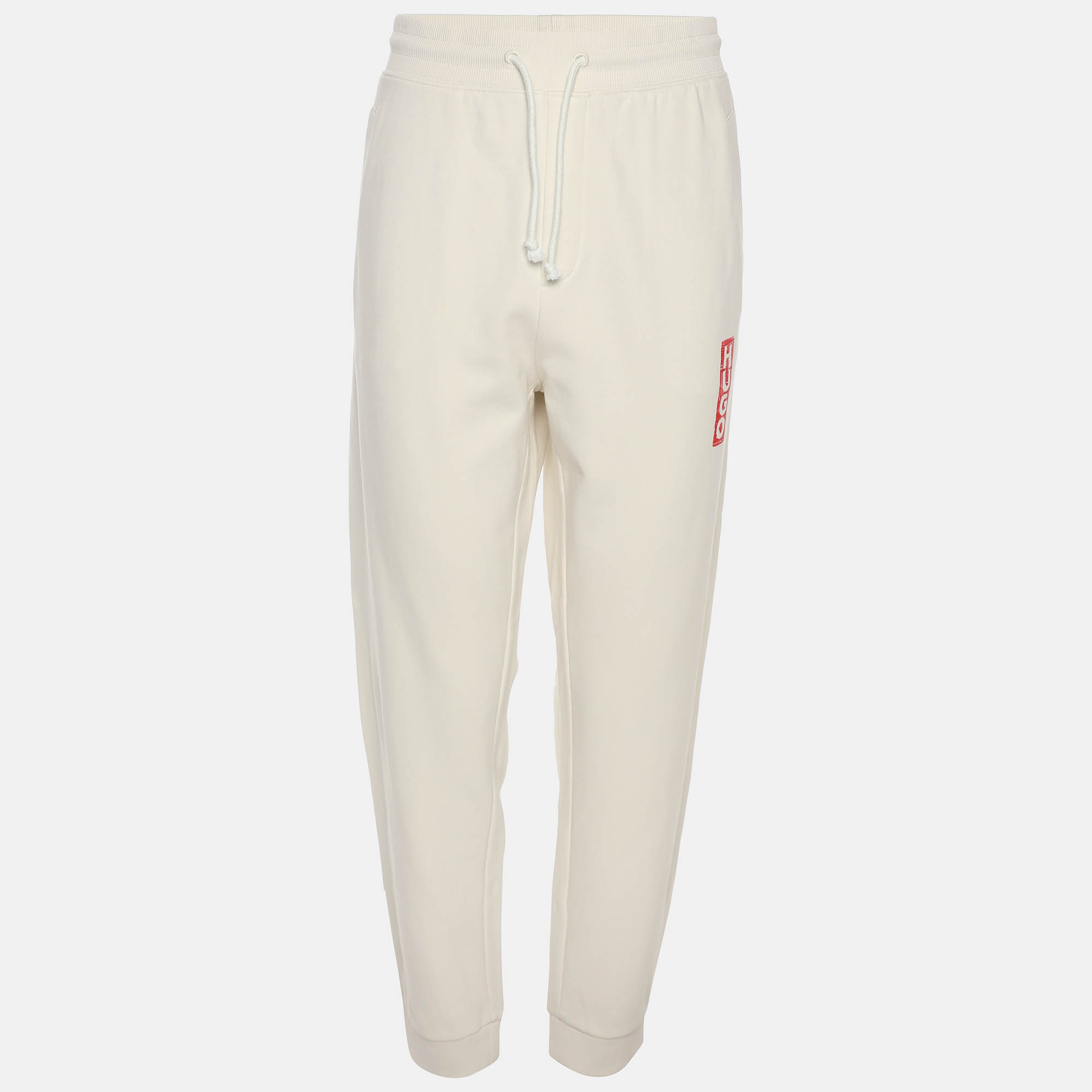Pre-owned Hugo Boss Cream Jersey Logo Print Drawstring Jogger Pants Xl In White